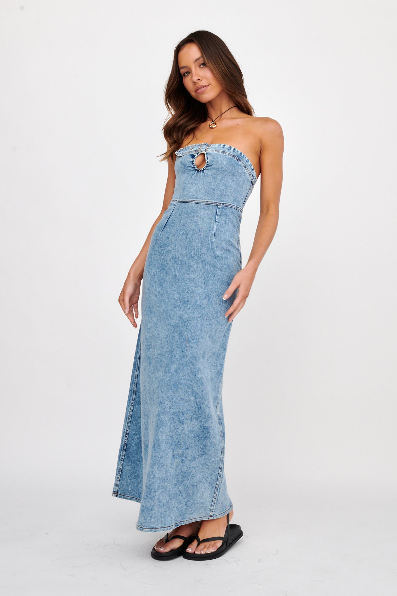 NOAH Strapless Buckle Maxi Dress Denim NOAH Strapless Buckle Maxi Dress Denim