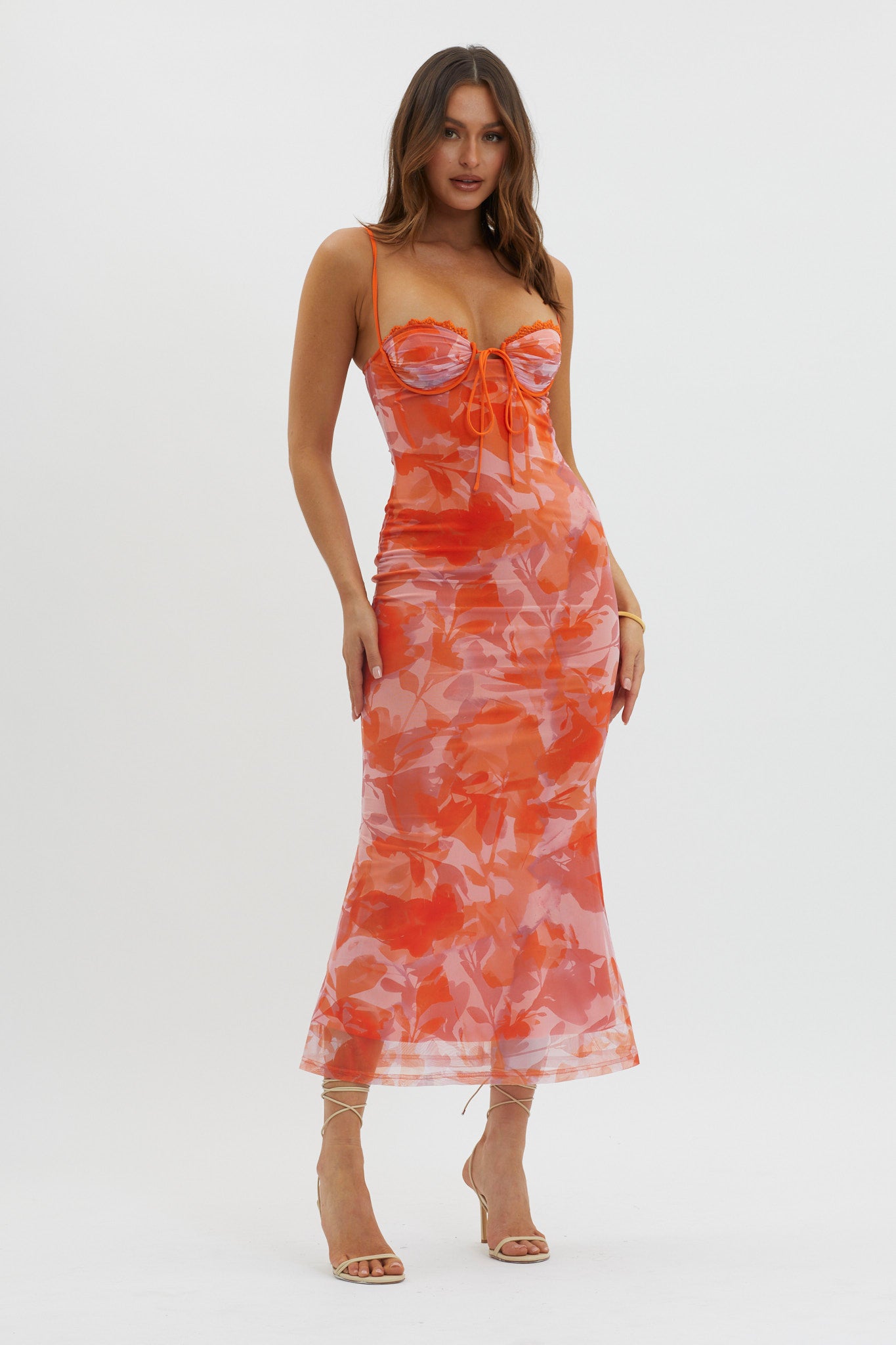 Shop the Fortune Lace Trim Mesh Midi Dress Orange