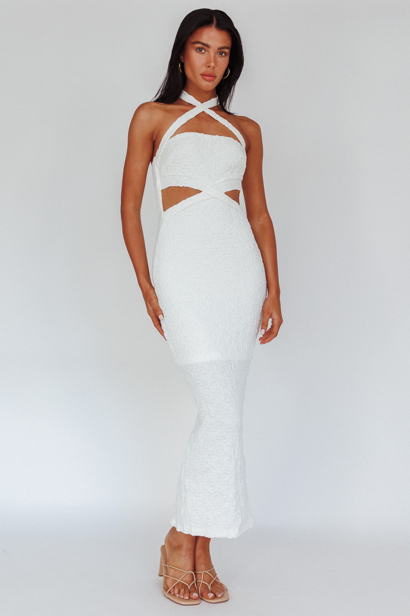 textured white midi dress Zadriana Halterneck Textured Midi Dress White