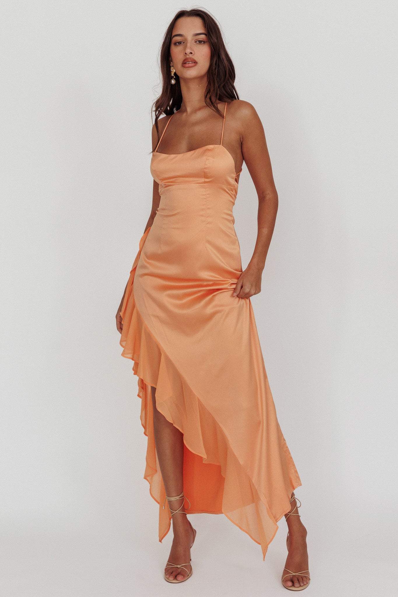 Katarina Satin Ruffle Hem Maxi Dress Mango Selfie Leslie Katarina Satin Ruffle Hem Maxi Dress Mango Selfie Leslie