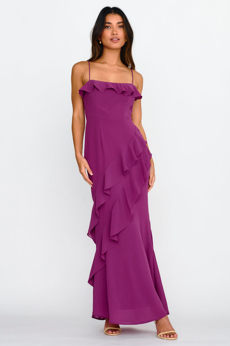 16718 Plum Cutout Collar Ruffle Dress