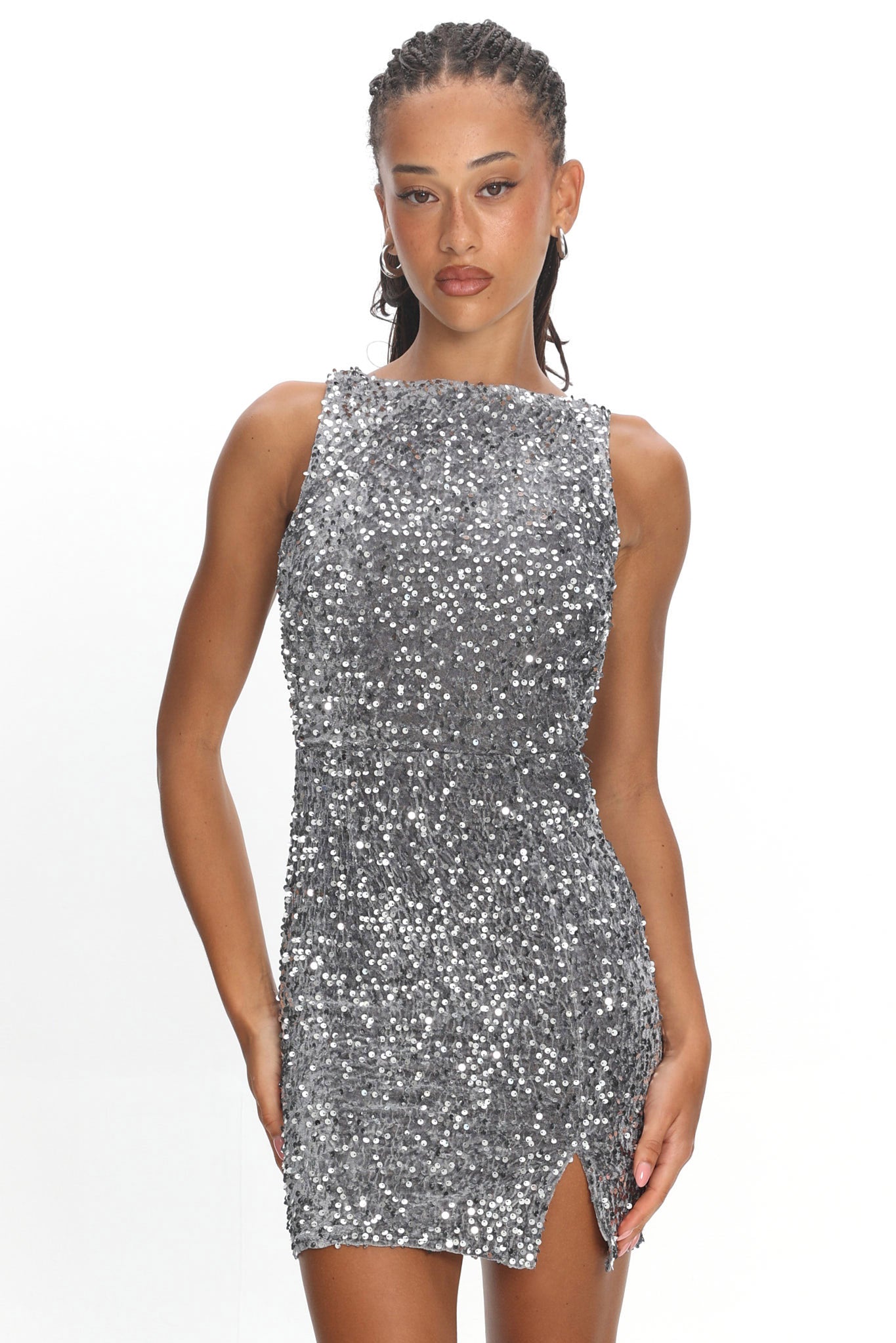 Bedazzle Keyhole Back Sequin Mini Dress Silver– Selfie Leslie