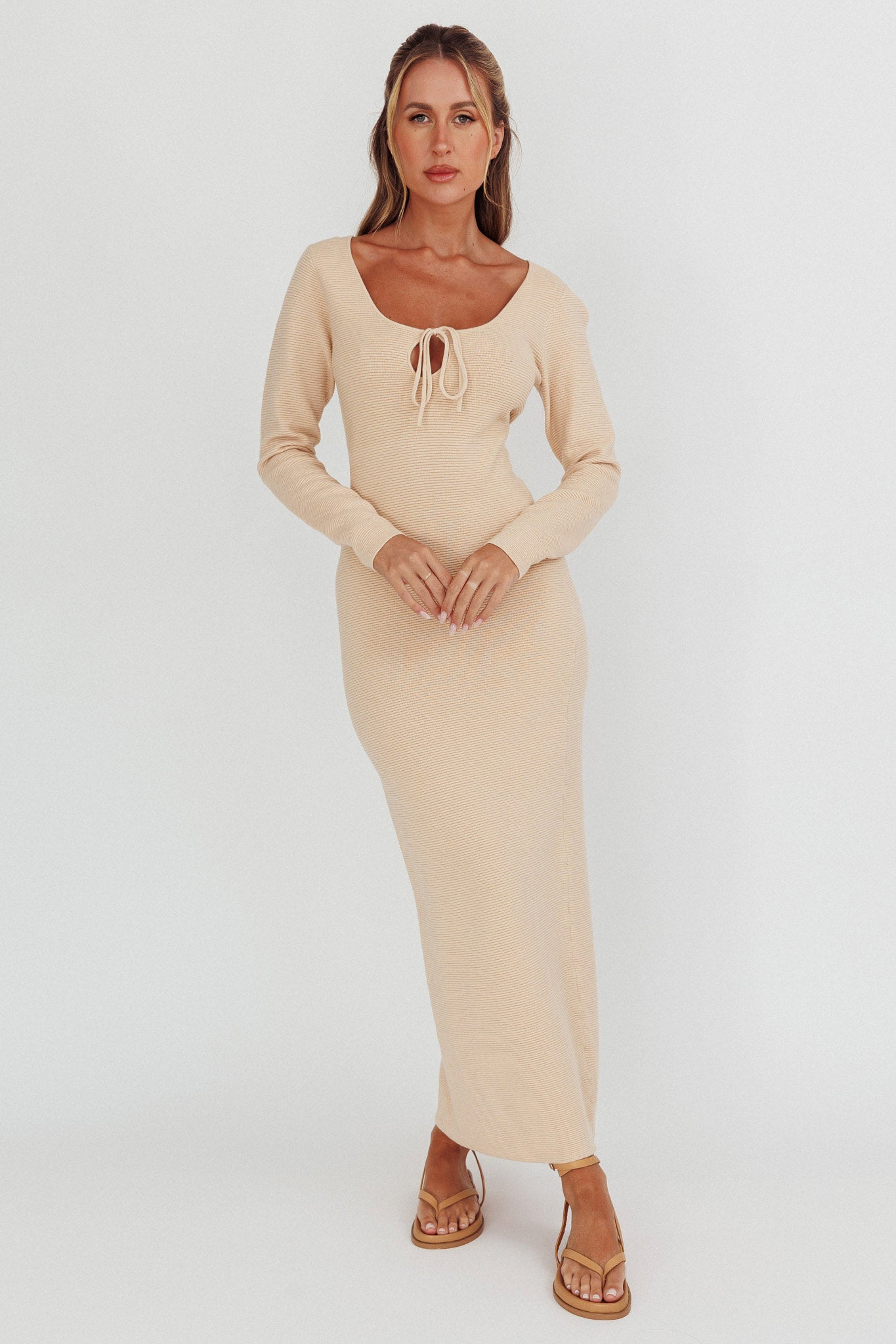 Shop the Merine Long Sleeve Knit Maxi Dress Sand