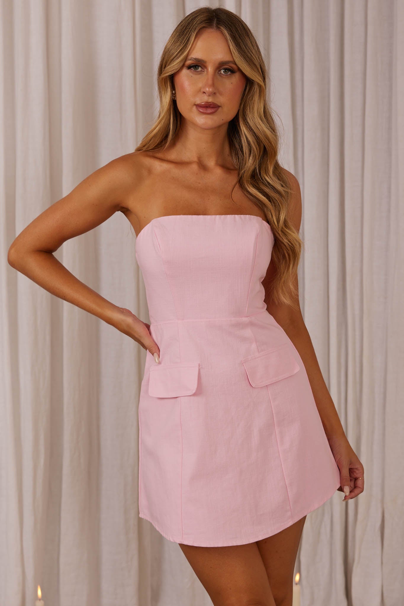 Justine Strapless Faux Pocket Mini Dress Pink Justine Strapless Faux Pocket Mini Dress Pink