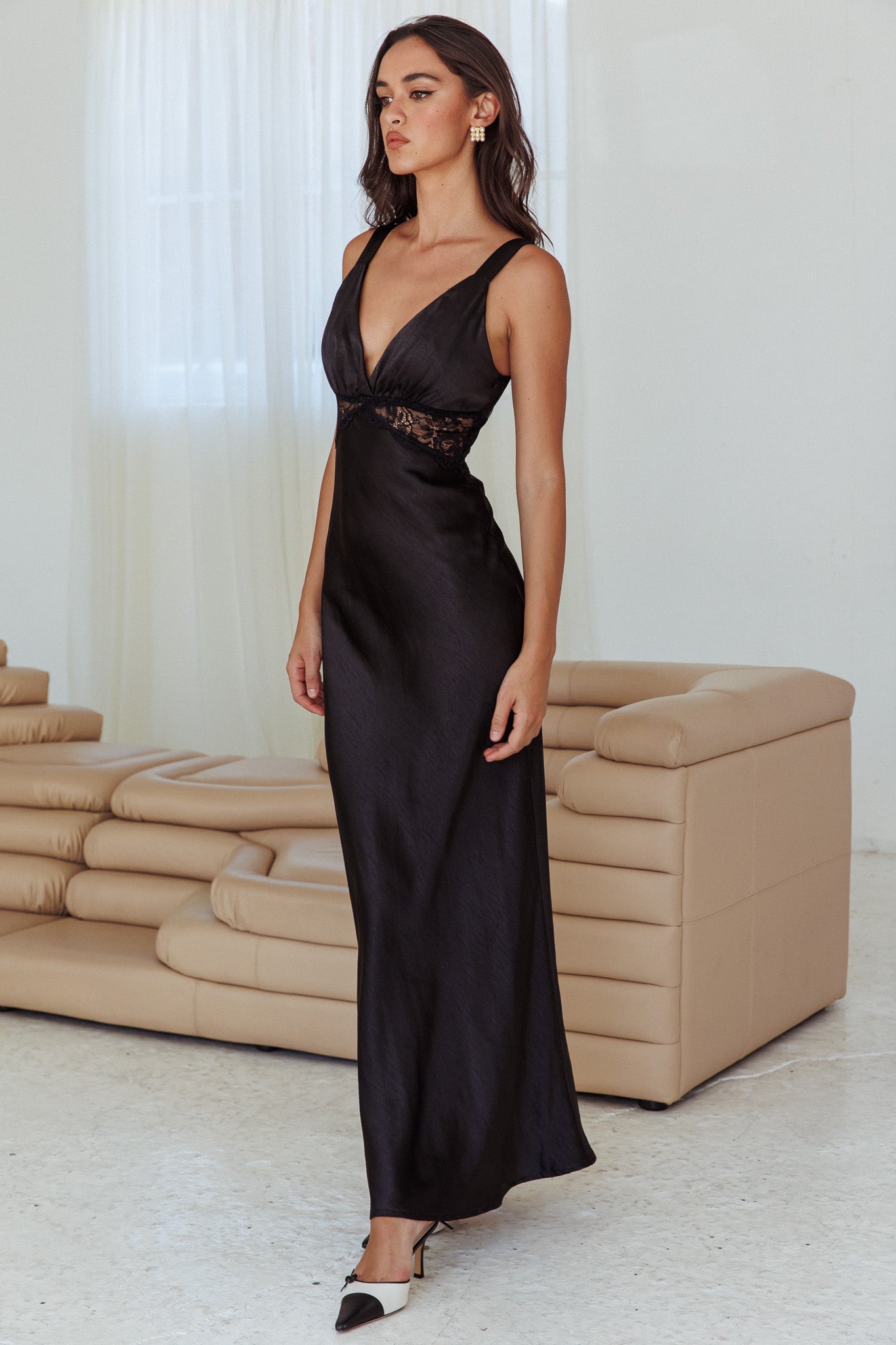Long Satin Dress Black Lace A-Line Spaghetti Straps Black Satin Prom Dress With Lace Split Long Satin Dress Black Lace A-Line Spaghetti Straps Black Satin Prom Dress With Lace Split
