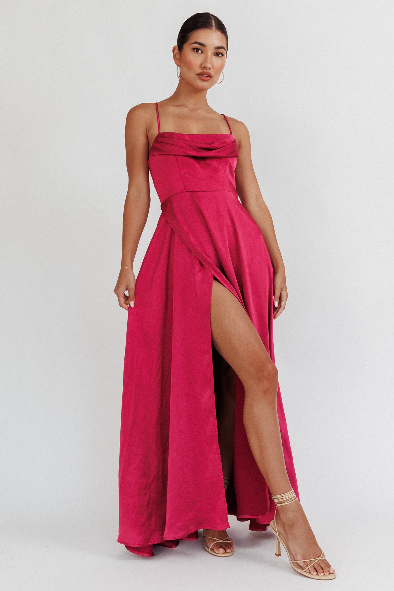 Inner Light Gathered Bust Split Maxi Dress Wine– Selfie Leslie