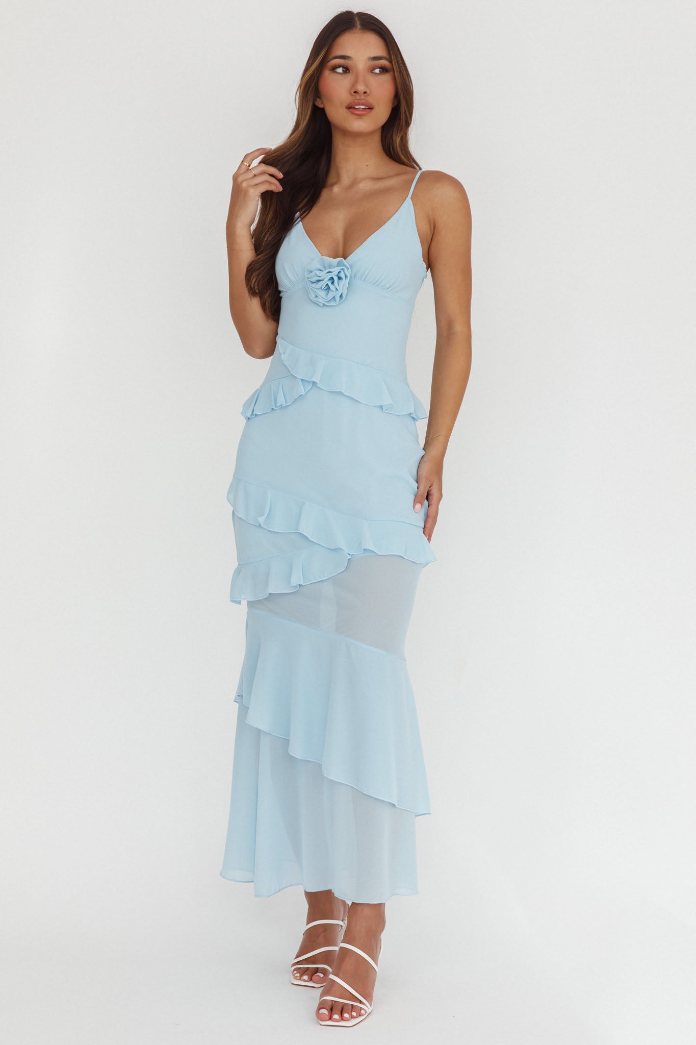 Marlie Frill Trim Rosette Maxi Dress Blue– Selfie Leslie