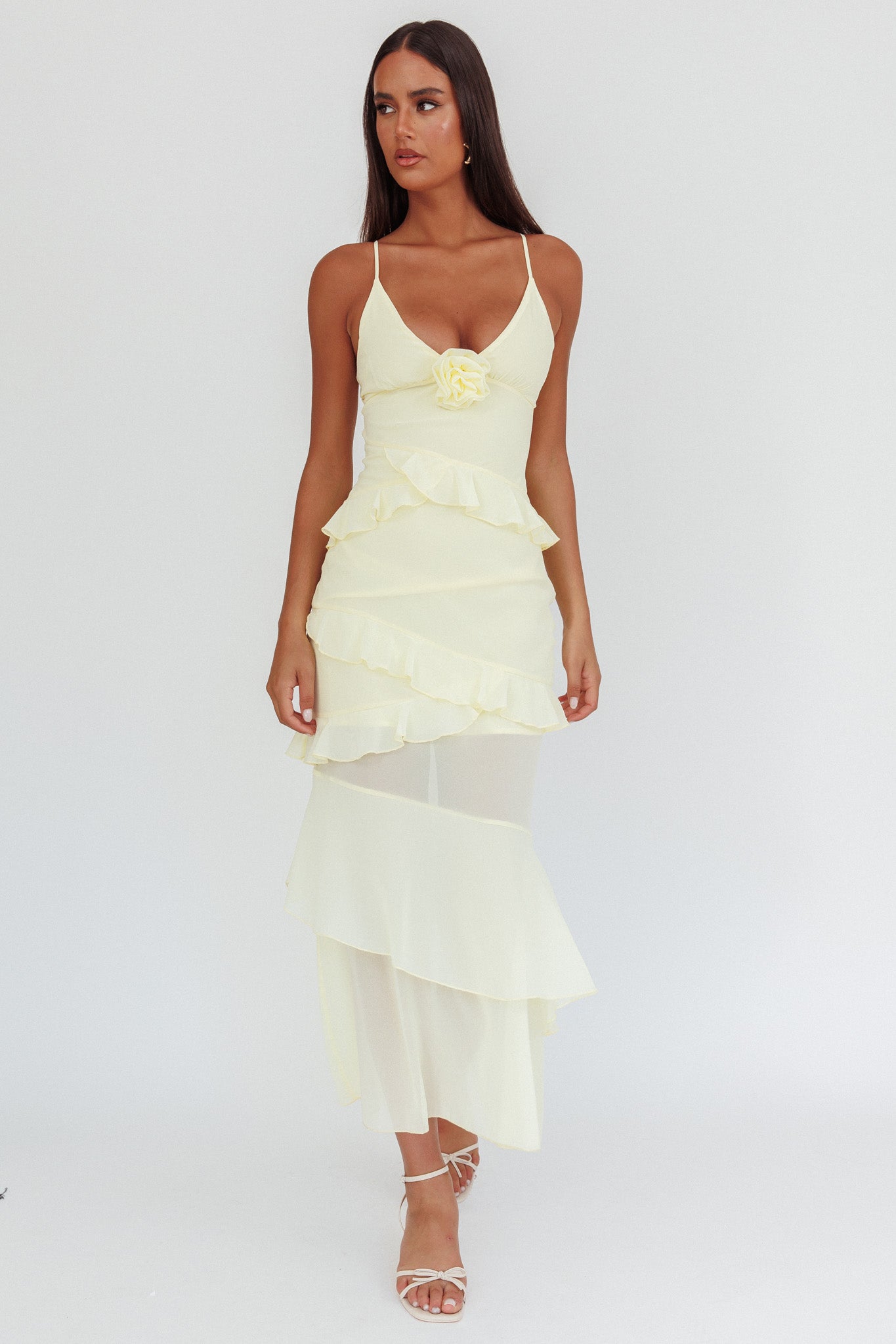 Marlie Frill Trim Rosette Maxi Dress Butter - L Marlie Frill Trim Rosette Maxi Dress Butter - L