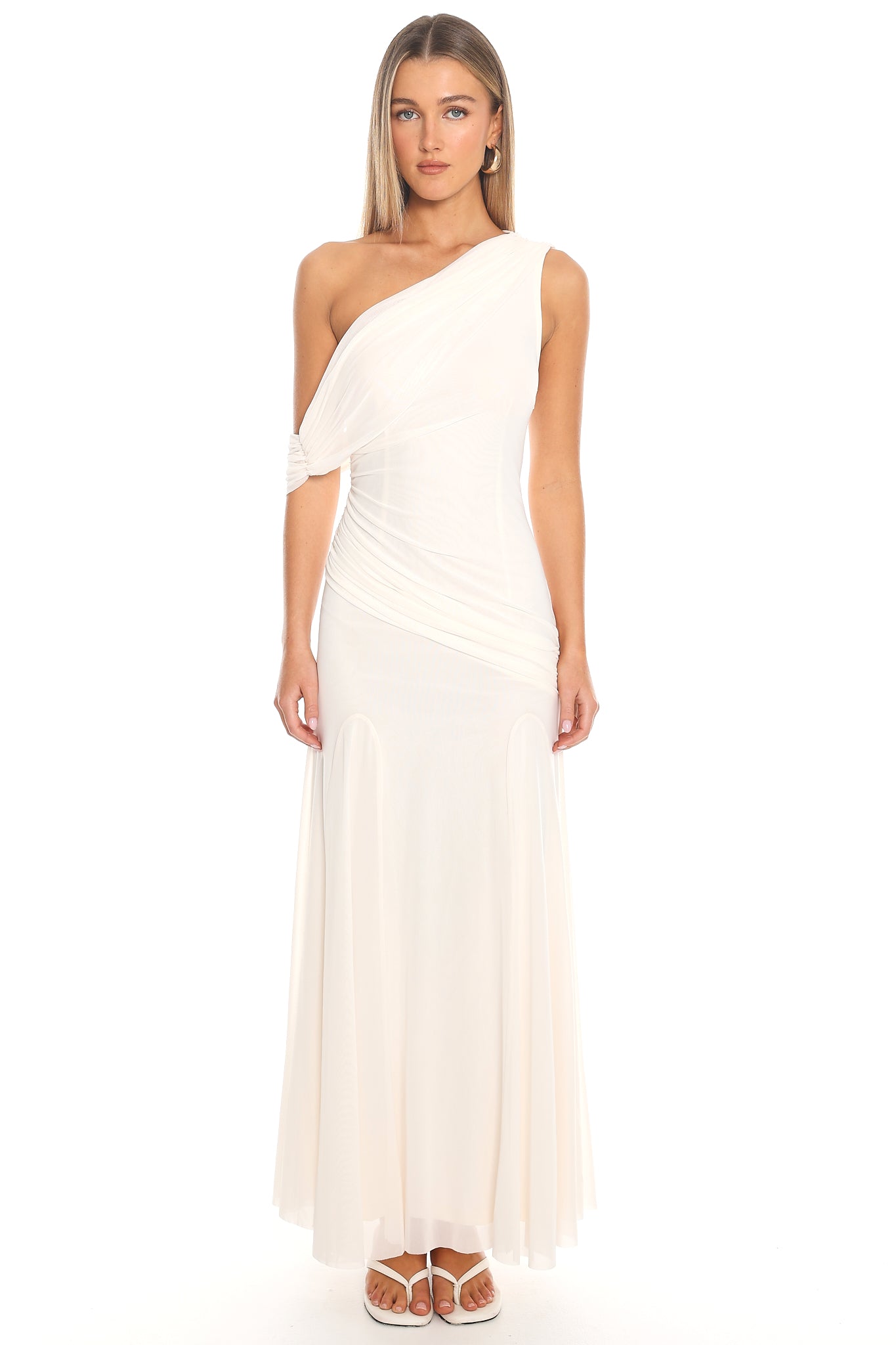 Anaisa Asymmetric Neckline Draped Maxi Dress Oyster