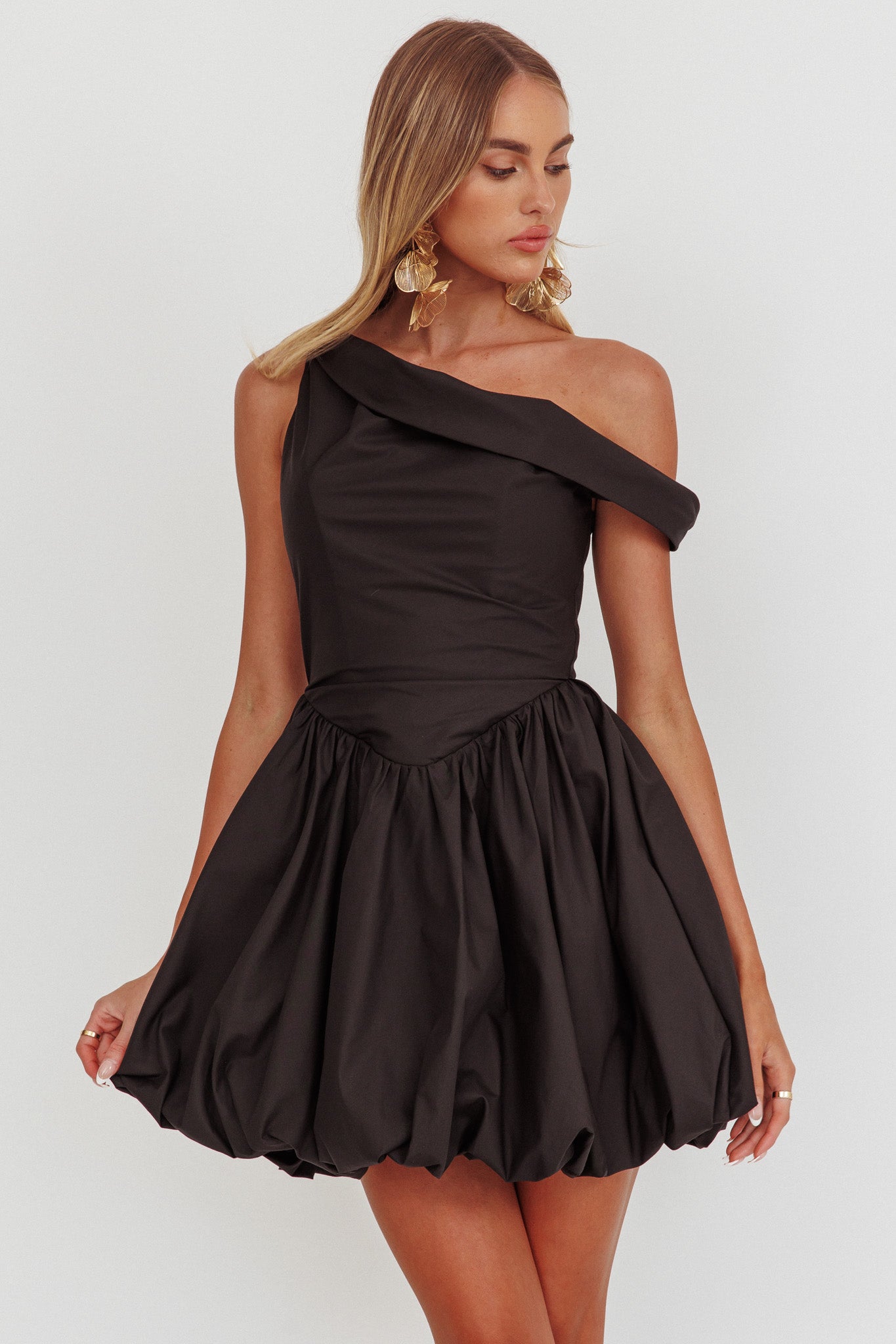 Celinda Asymmetric Neckline Balloon Mini Dress Black Celinda Asymmetric Neckline Balloon Mini Dress Black