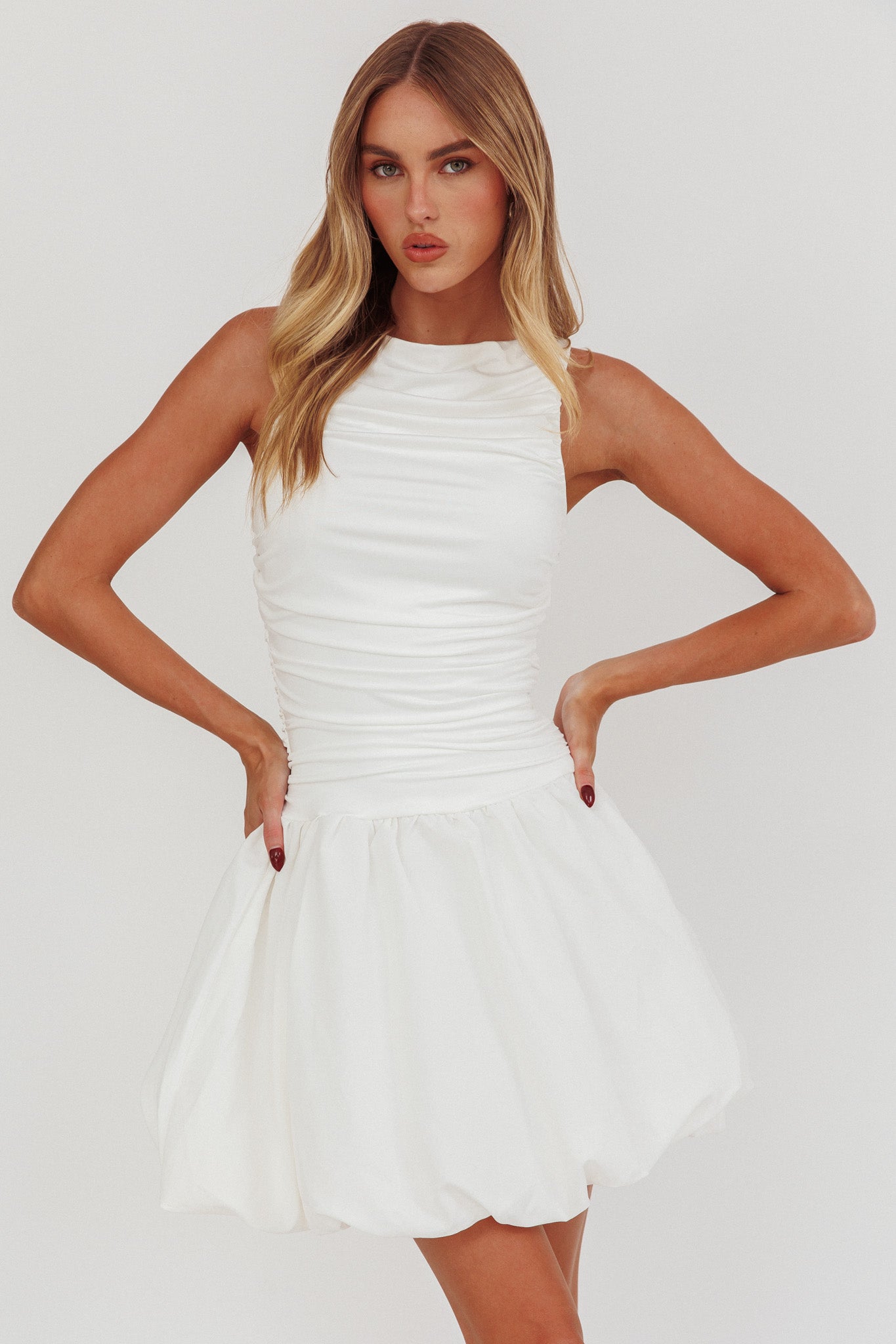 Dalayla Sleeveless Balloon Skirt Mini Dress White Dalayla Sleeveless Balloon Skirt Mini Dress White