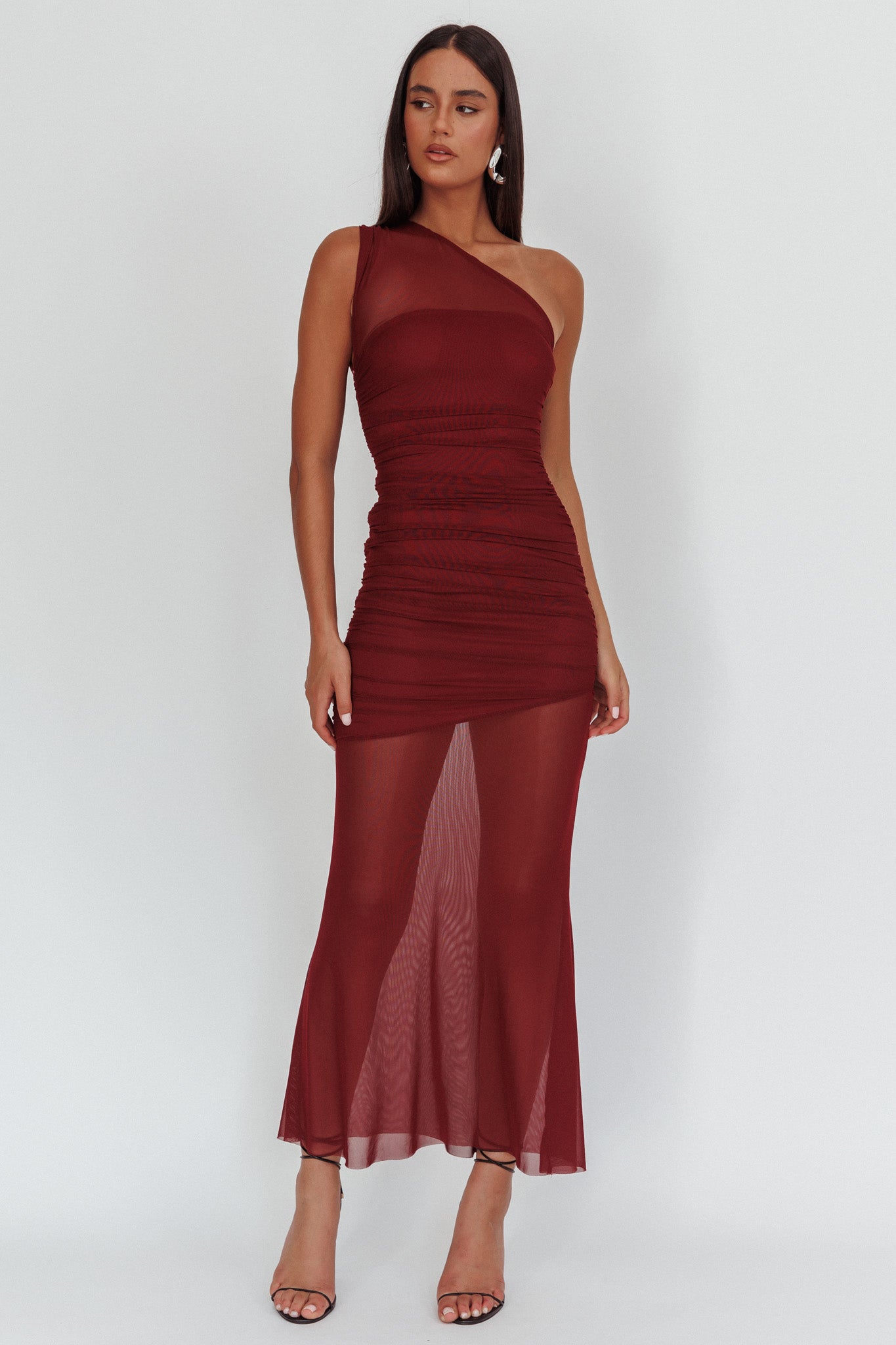 open lace back dress Verity One-Shoulder Sheer Maxi Dress Wine