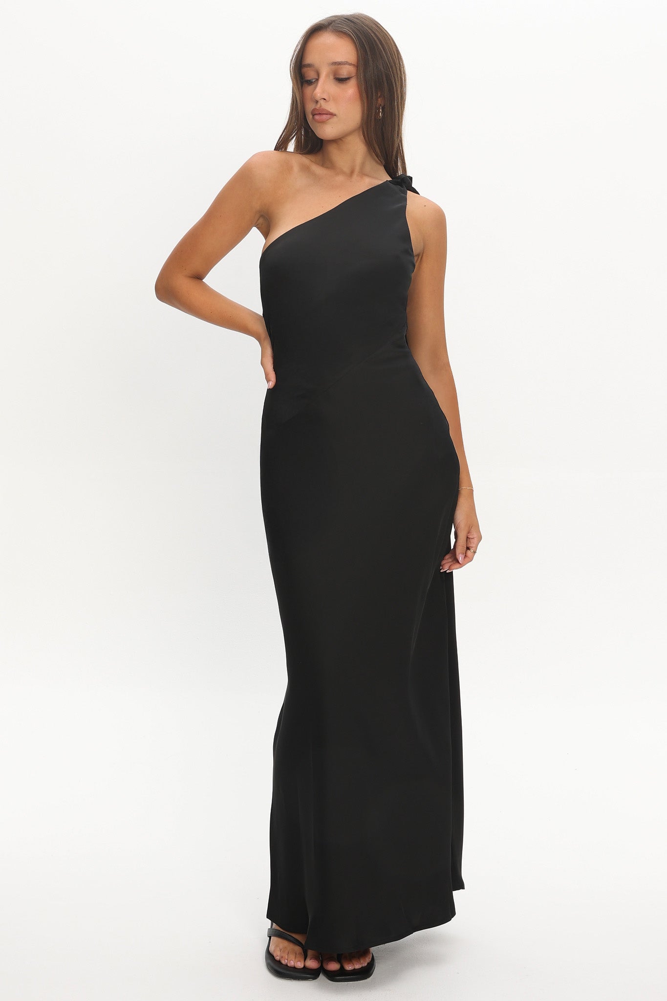 one shoulder bow black dress Black One-Shoulder Bow Maxi Dress | Womens | X-Large (Available in 3X, 2X, 1X, XXS, XS, S, M, L) | 100% Polyester