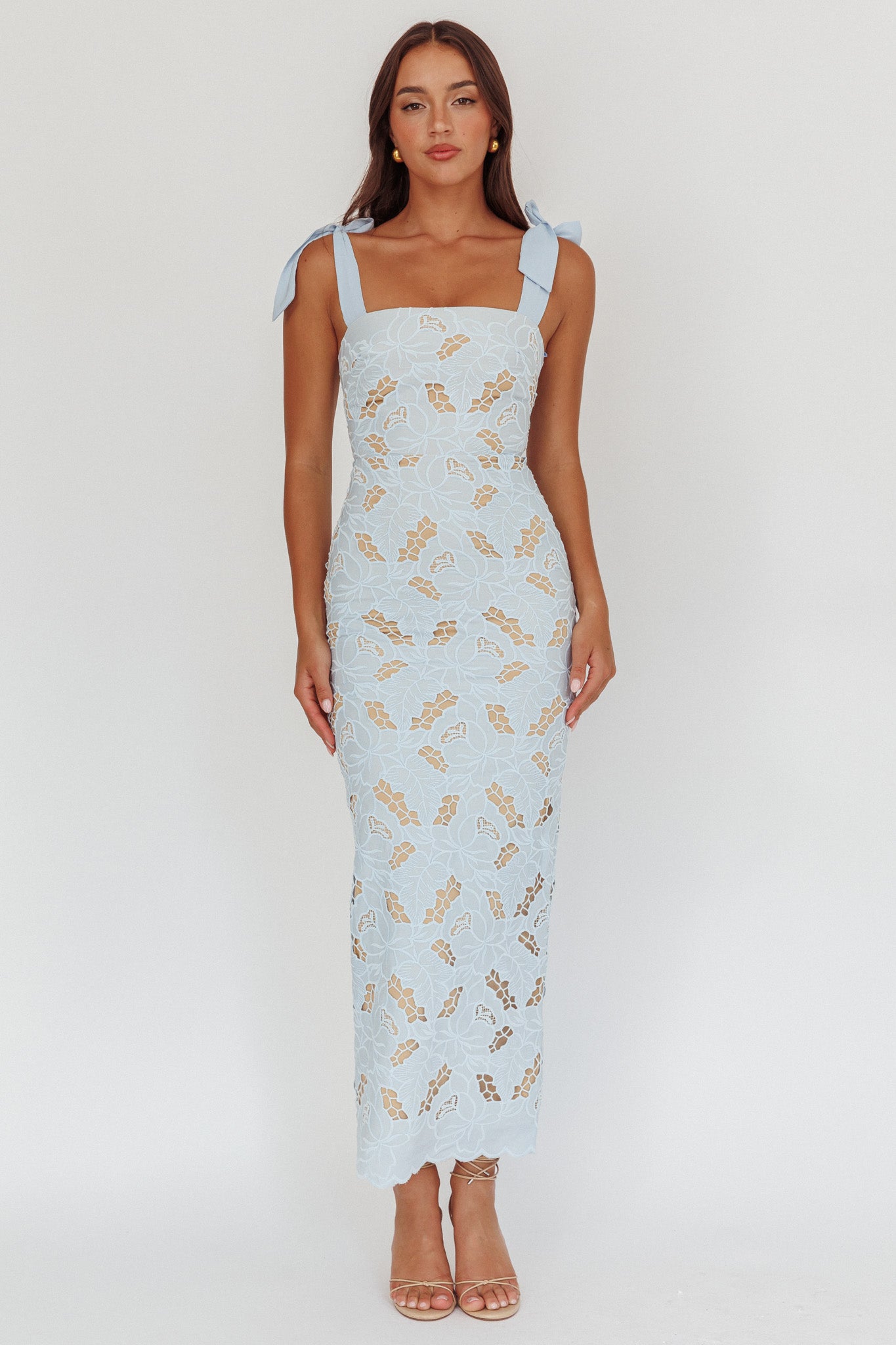 Coastal Bloom Tied Shoulder Maxi Dress Embroidered Baby Blue | Selfie Leslie Coastal Bloom Tied Shoulder Maxi Dress Embroidered Baby Blue | Selfie Leslie