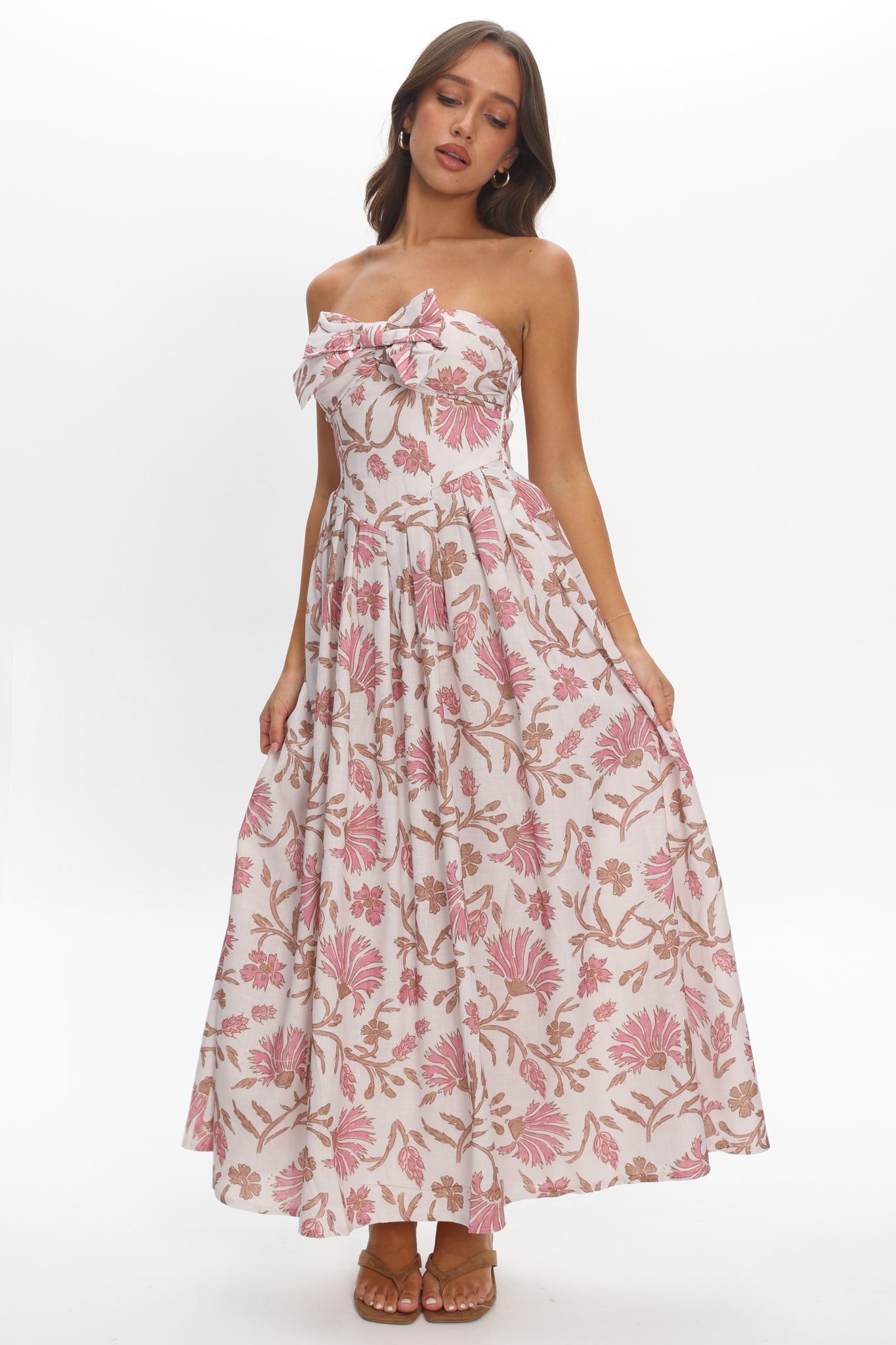 shift dress beige Summer Field Bow Bust Maxi Dress Floral Beige– Selfie Leslie