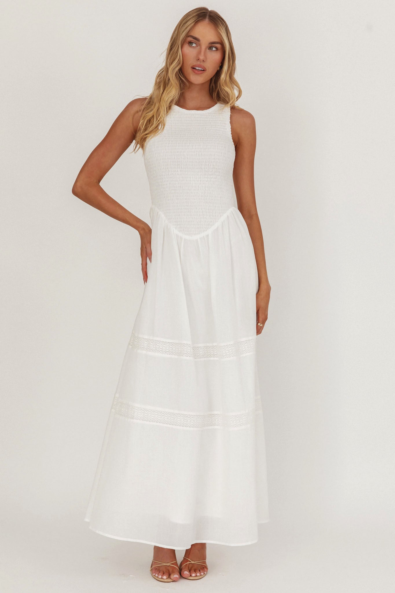 Smith Shirred Bodice Midi Dress White - S