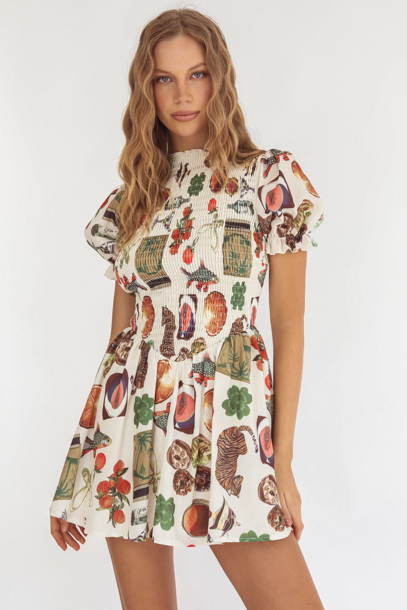 Nia Shirred Puff Sleeve Mini Dress Exotic Print Beige - XL Nia Shirred Puff Sleeve Mini Dress Exotic Print Beige - XL