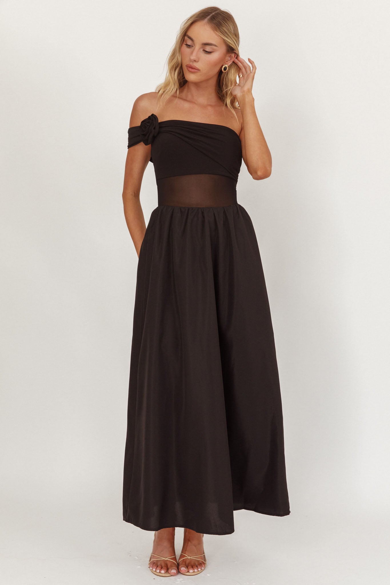 Uma One Sleeve Sheer Waist Midi Dress Black - S Uma One Sleeve Sheer Waist Midi Dress Black - S