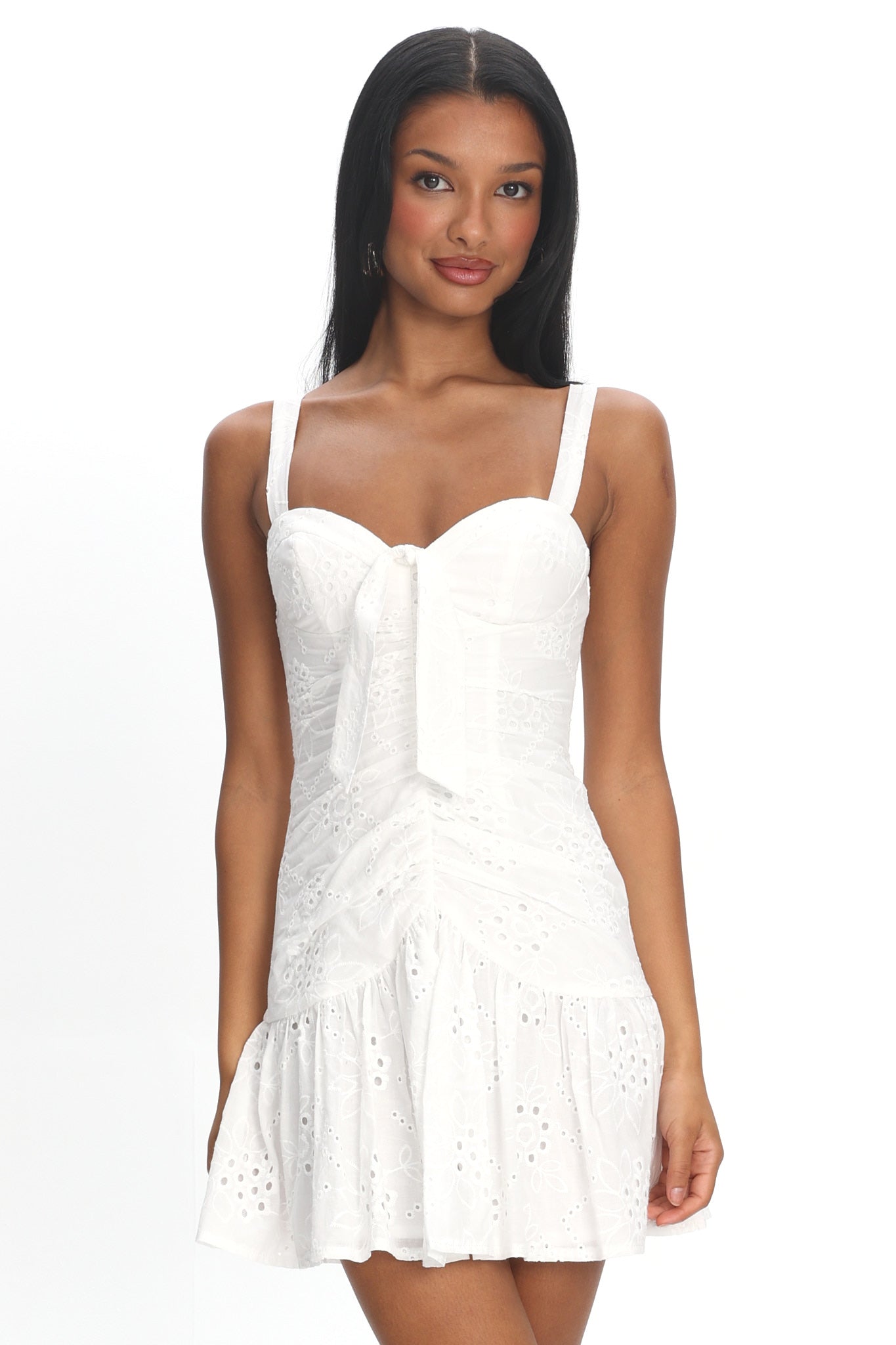 Rachelle Tied Bust Ruched Mini Dress Eyelet White - M Rachelle Tied Bust Ruched Mini Dress Eyelet White - M