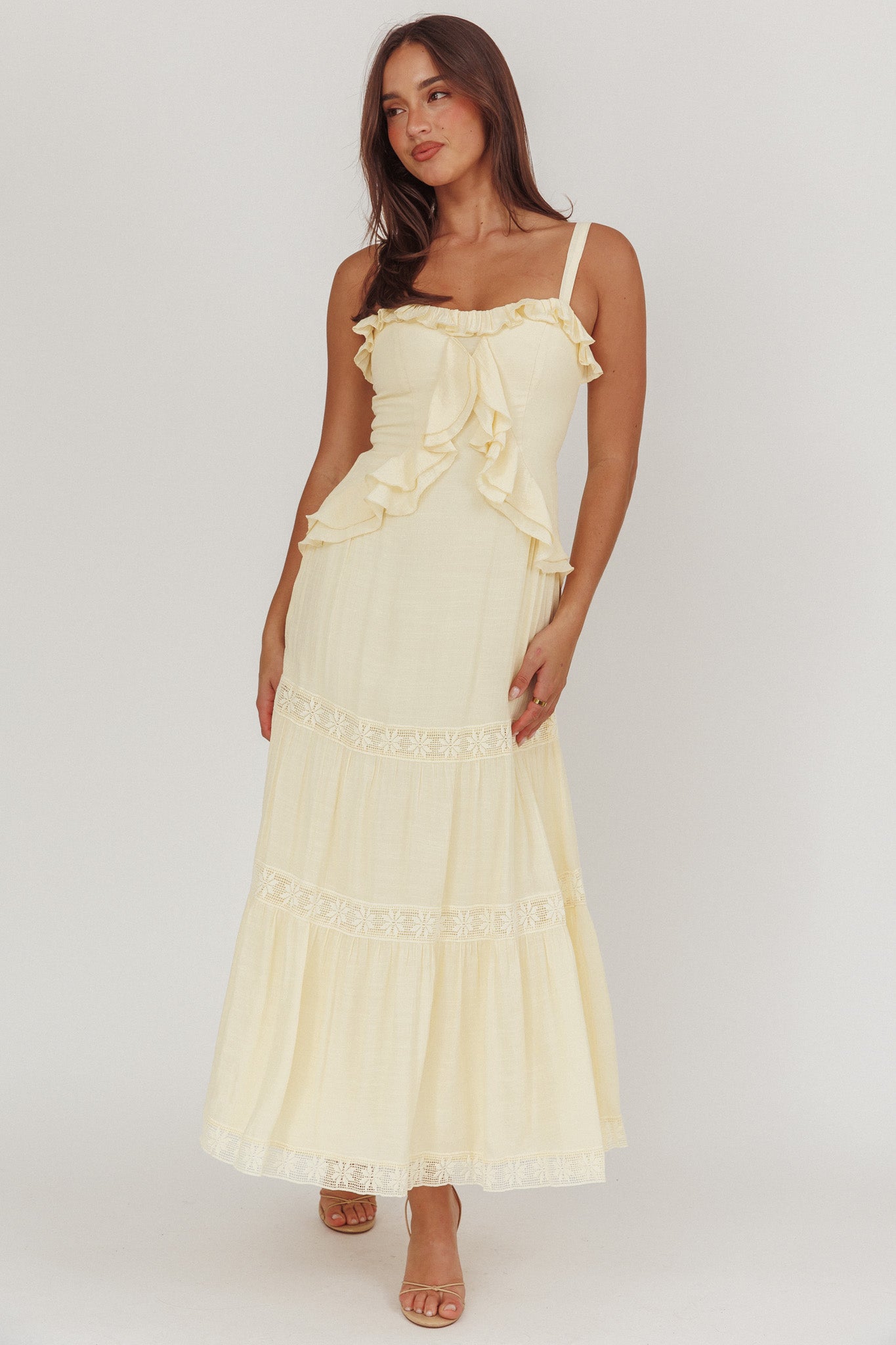 Vienna Sky Frill And Crochet Trim Maxi Dress Cream– Selfie Leslie