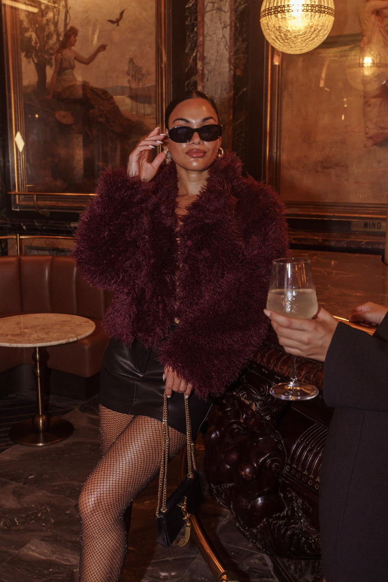 Shop the Aland Fuzzy Faux Fur Jacket Wine - Main Image