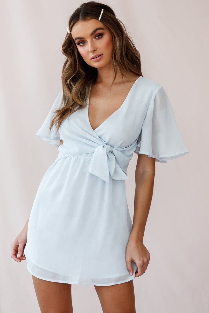 Stealing Hearts Flutter Sleeve Wrap Front Dress Blue Selfie Leslie