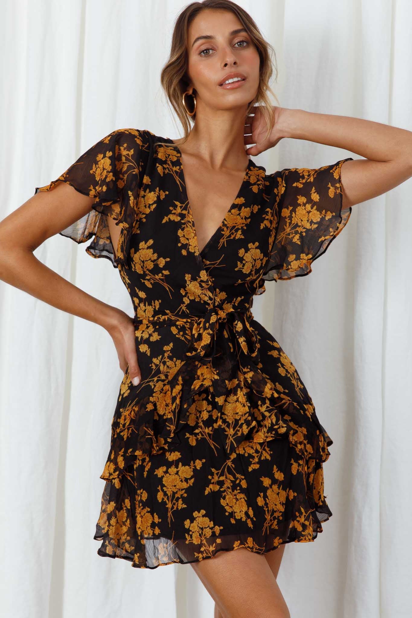 Kerry Layered Angel Sleeve Dress Black/Orange Flower– Selfie Leslie