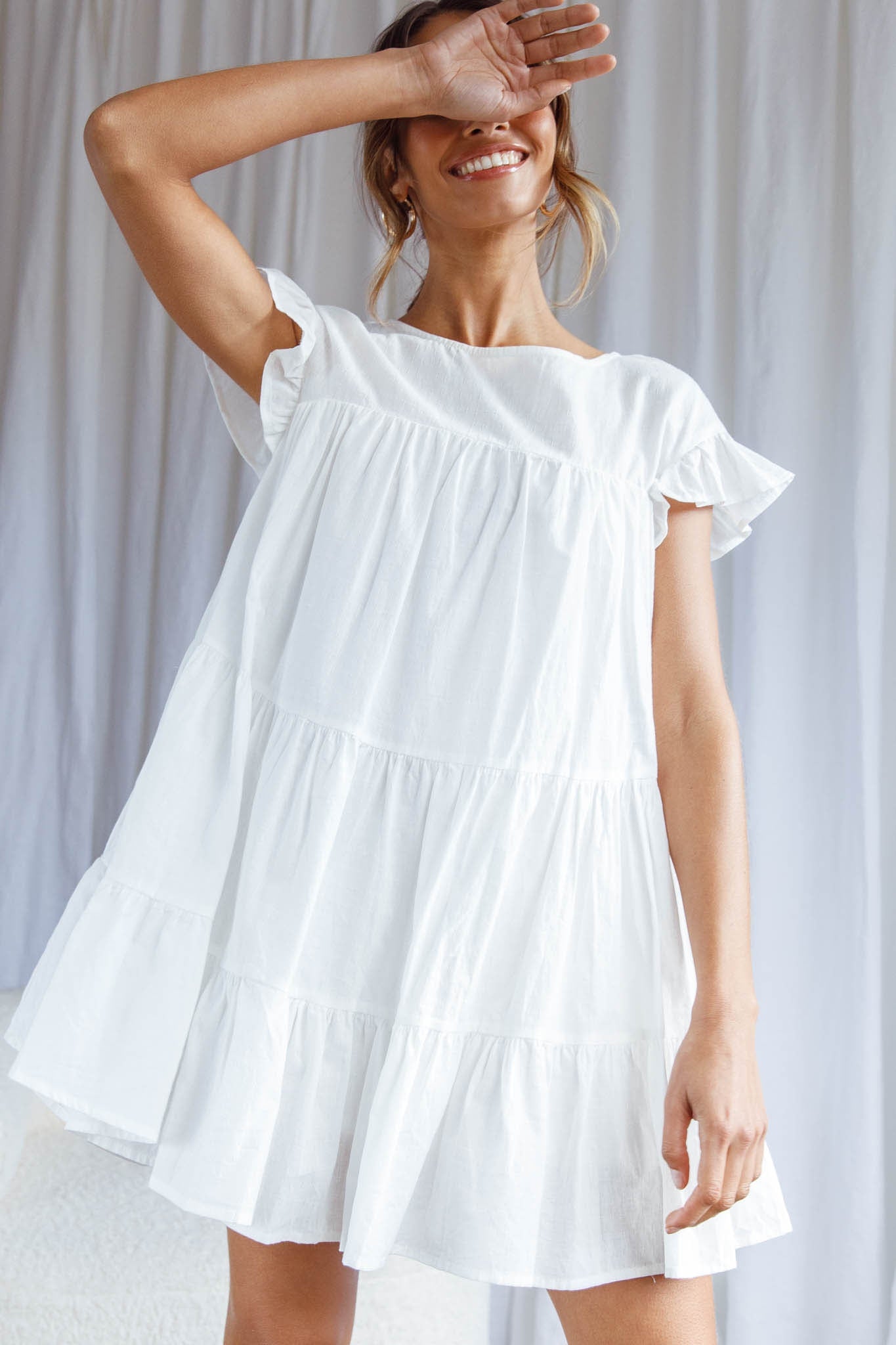 Hyacinth Ruffle Sleeve Smock Dress White Hyacinth Ruffle Sleeve Smock Dress White