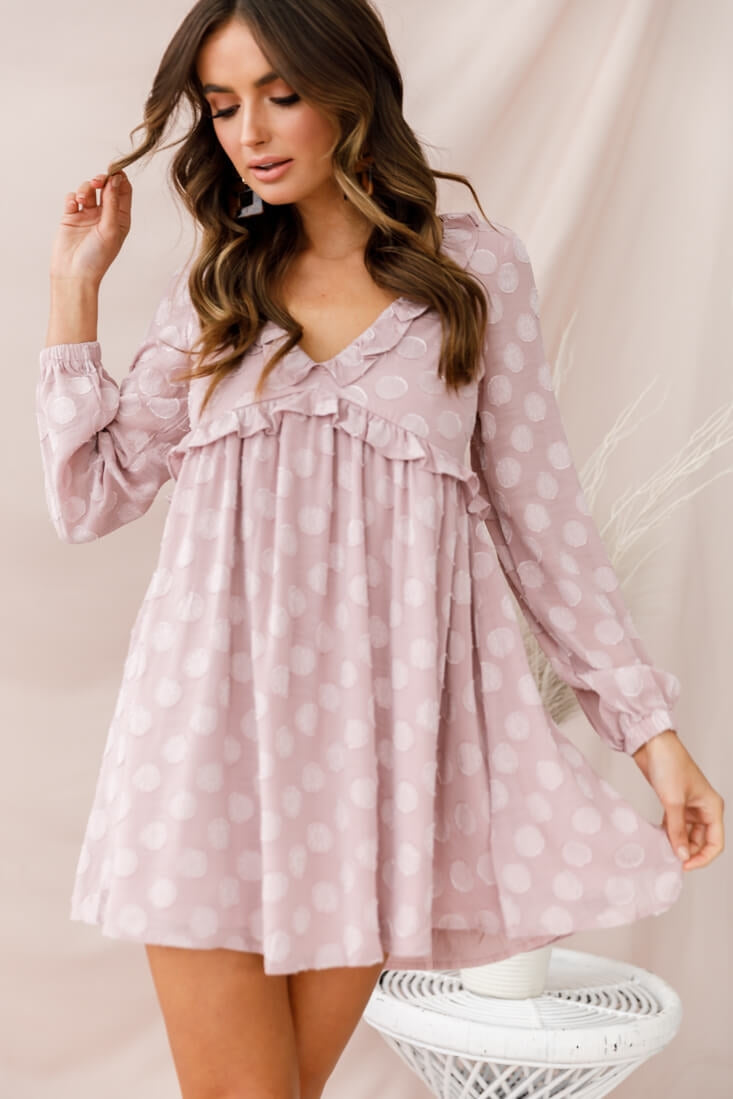 Cutie Pie Long Sleeve Babydoll Dress Mauve– Selfie Leslie