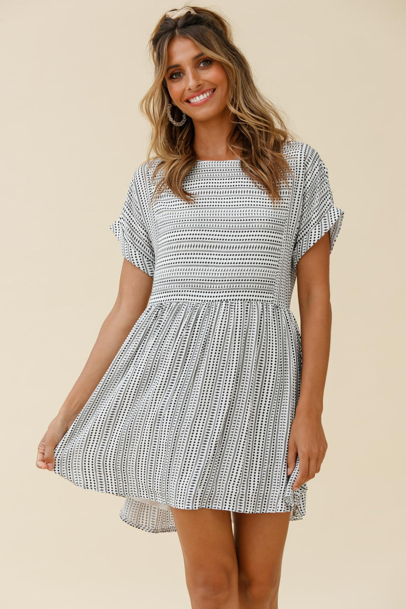 Susie Rolled Sleeve Crew Neck Swing Dress Stripe Pattern Red