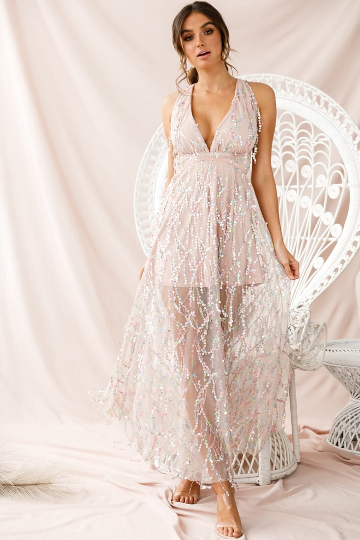 open lace back dress Tiara Sequin Maxi Dress Pink Champagne– Selfie Leslie