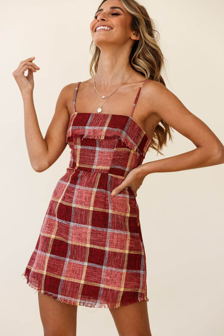 Shop the Little Miss Plaid Raw Hem Mini Dress Burgundy Multi