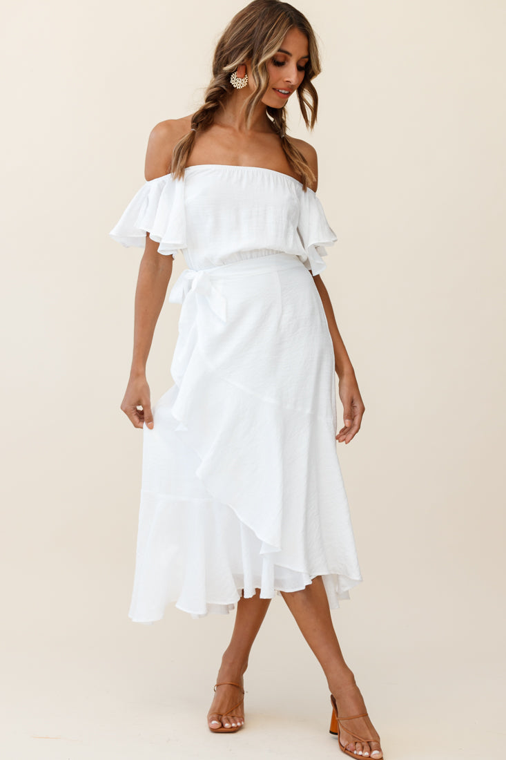 Shop the Bettina Bardot Neckline Faux-Wrap Midi Dress White