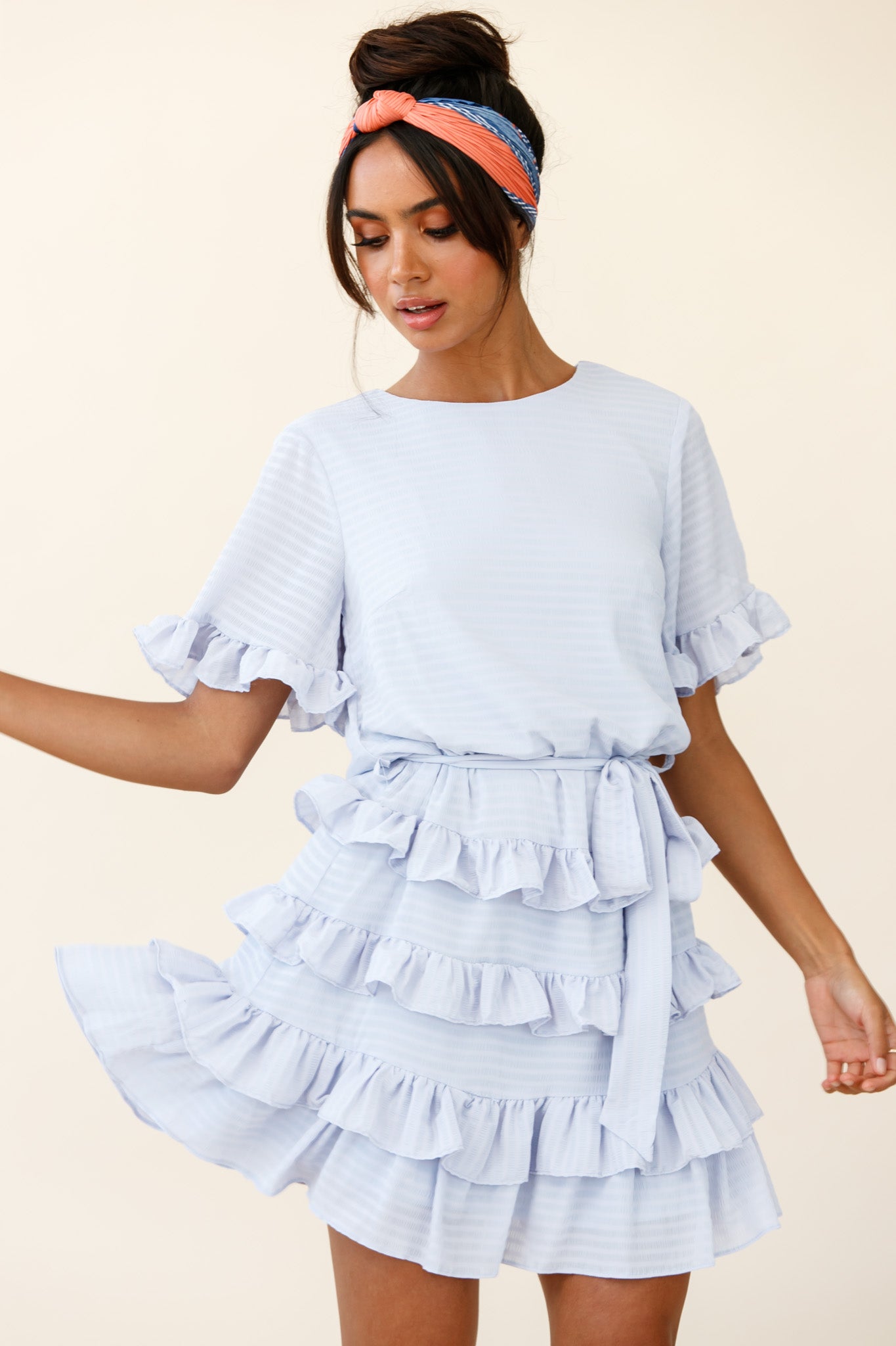 Zipporah Short Sleeve Layered Ruffle Dress Grey Selfie Leslie Zipporah Short Sleeve Layered Ruffle Dress Grey Selfie Leslie