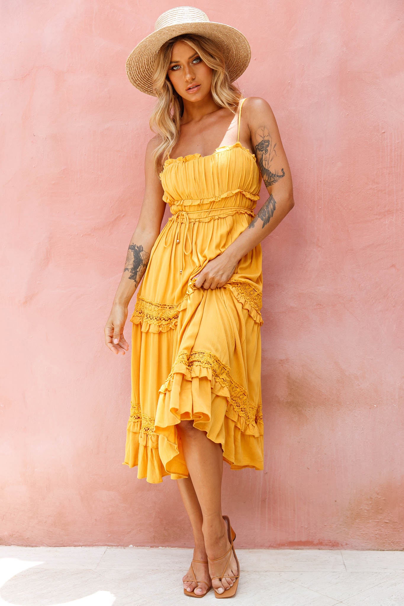 Meet You There Crochet & Frill Trim Detail Midi Dress Mustard Meet You There Crochet & Frill Trim Detail Midi Dress Mustard