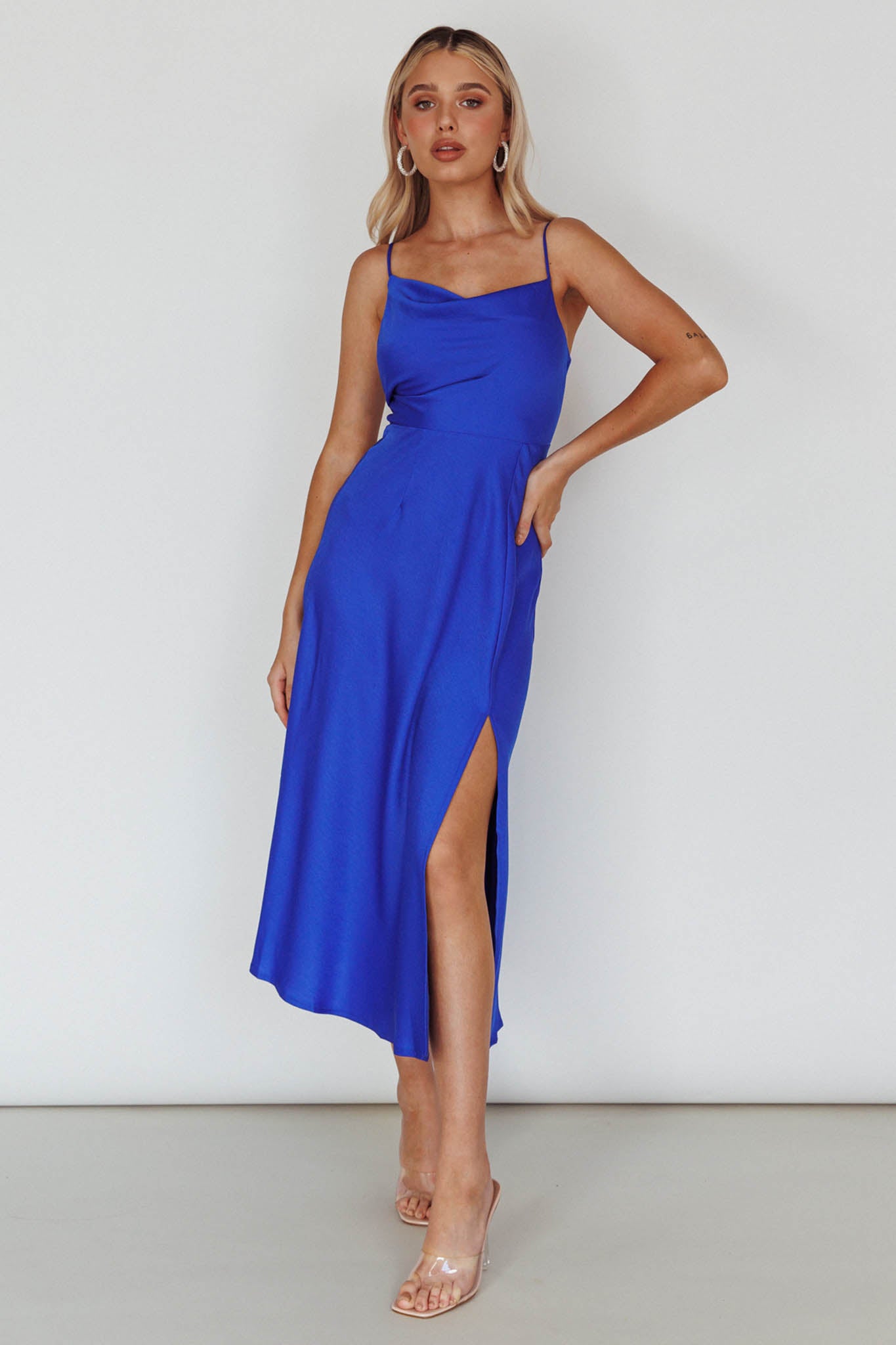 Suki Front Split Midi Dress Royal Blue Selfie Leslie Suki Front Split Midi Dress Royal Blue Selfie Leslie