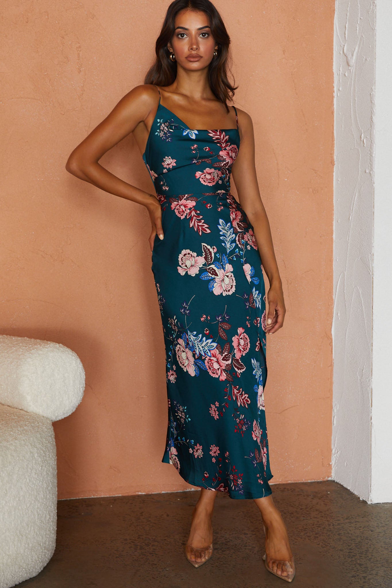 oriental midi dress Suki Front Split Midi Dress Oriental Floral Print Forest Green