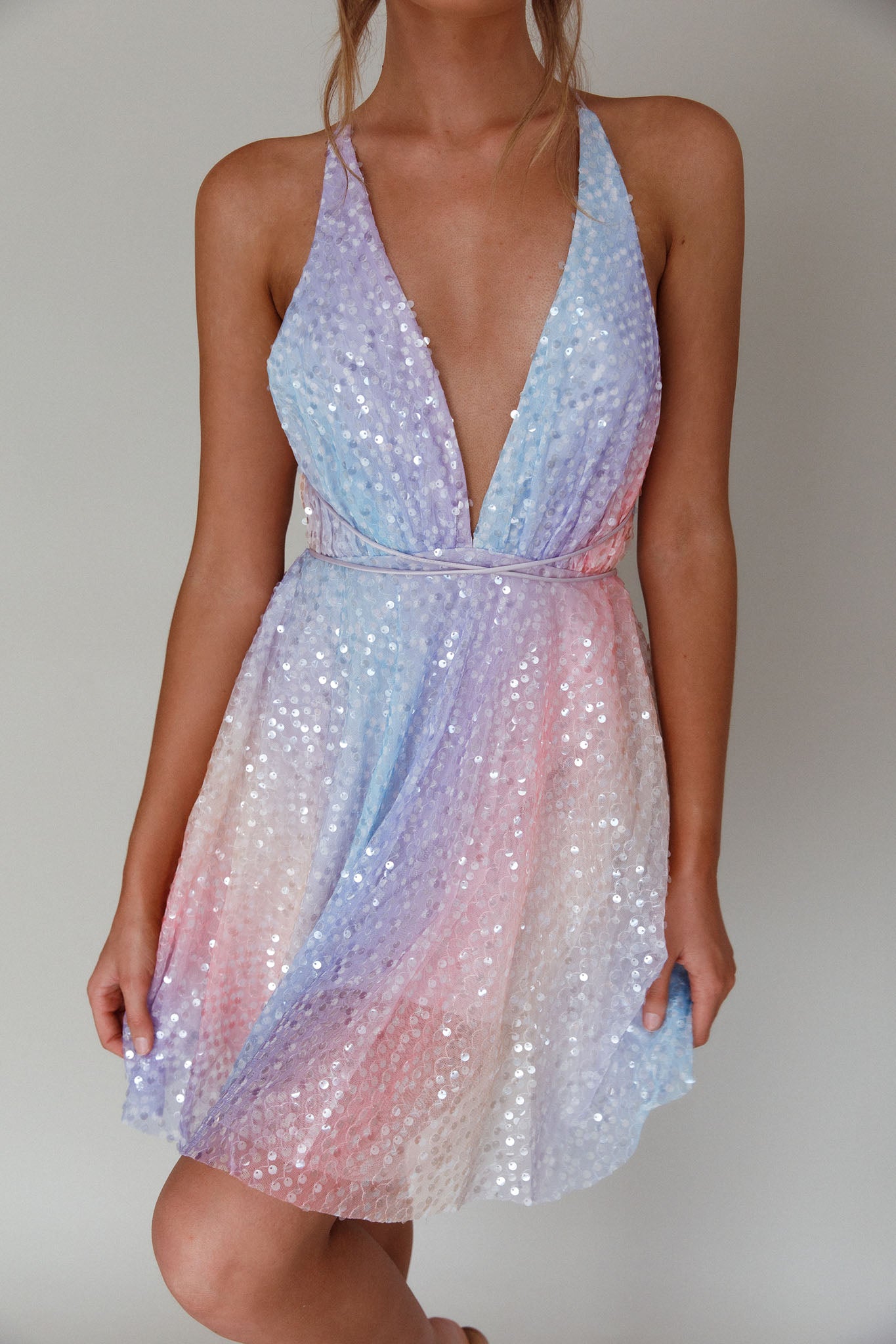 Floating By Plunging Neckline Mini Dress Sequin Rainbow by Selfie Leslie