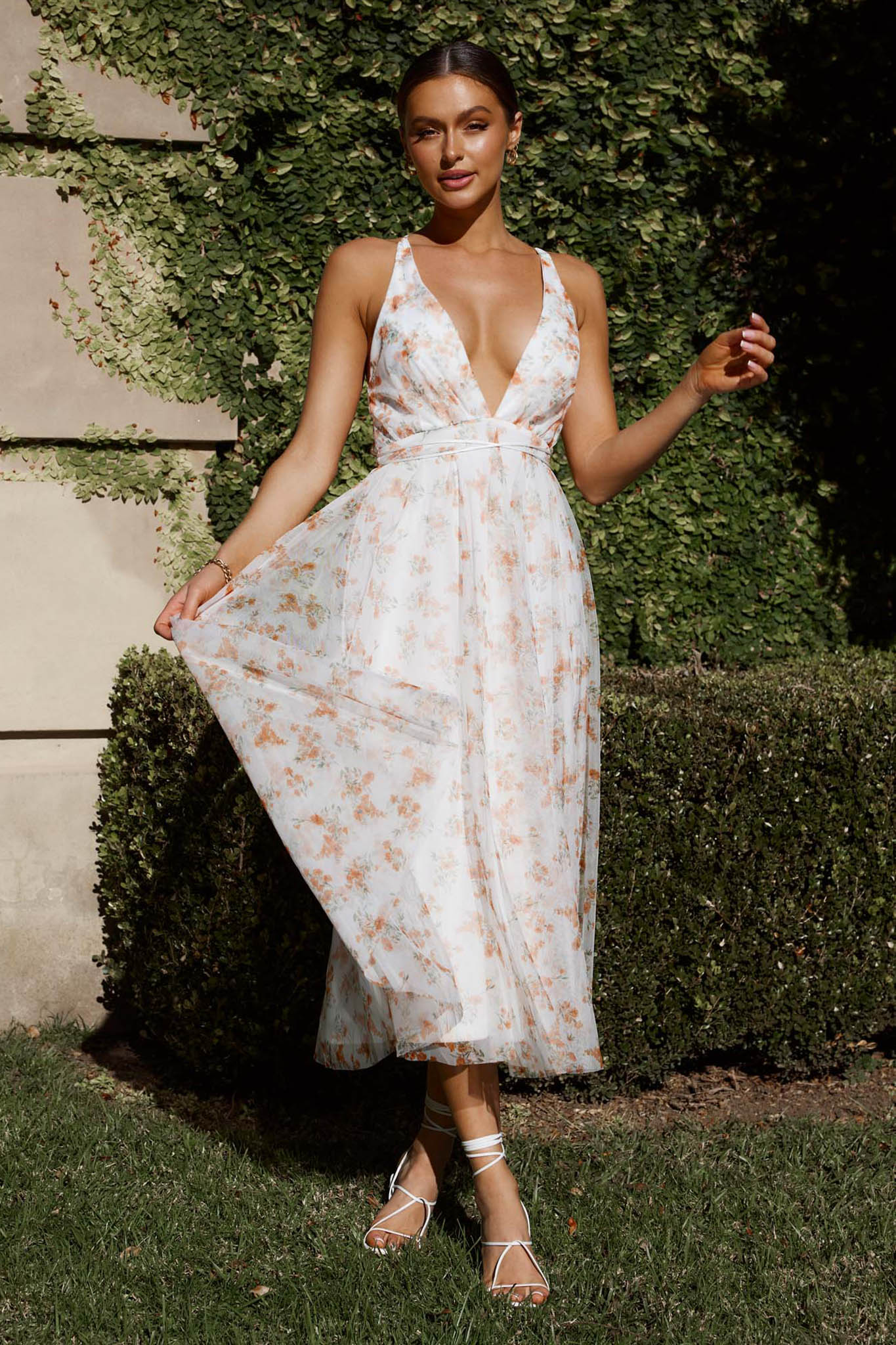 tangerine midi dress Floating By Plunging Neckline Midi Dress Floral Tangerine