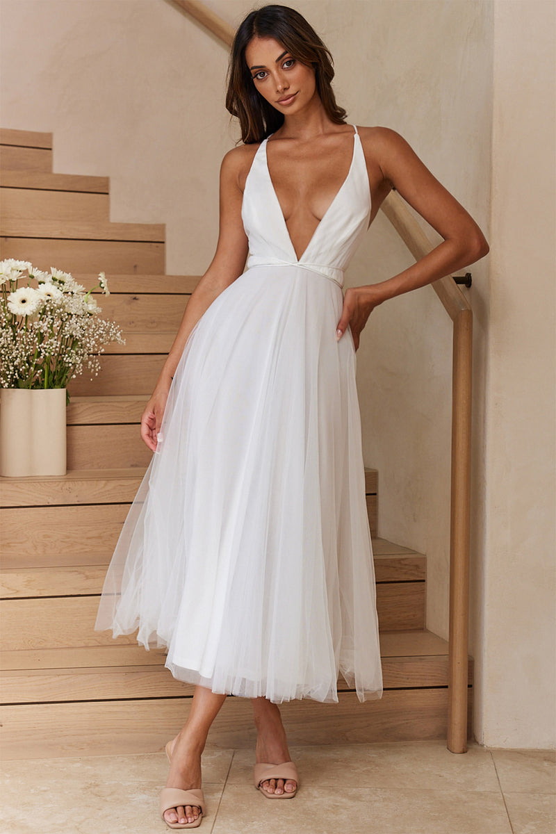 Shop the Floating By Plunging Neckline Mesh Overlay Midi Dress White