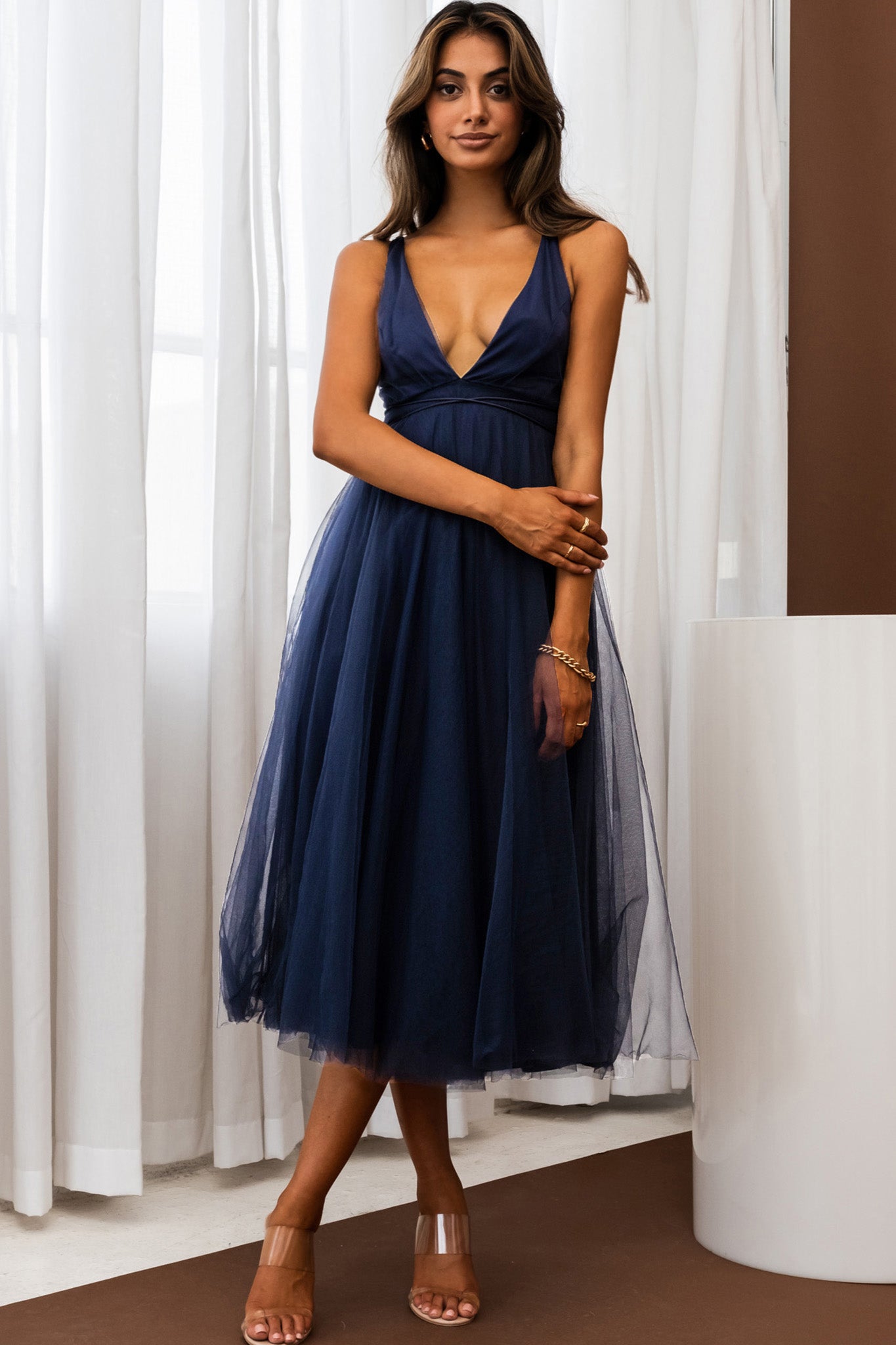 Floating By Plunging Neckline Mesh Overlay Midi Dress Navy - XS Floating By Plunging Neckline Mesh Overlay Midi Dress Navy - XS