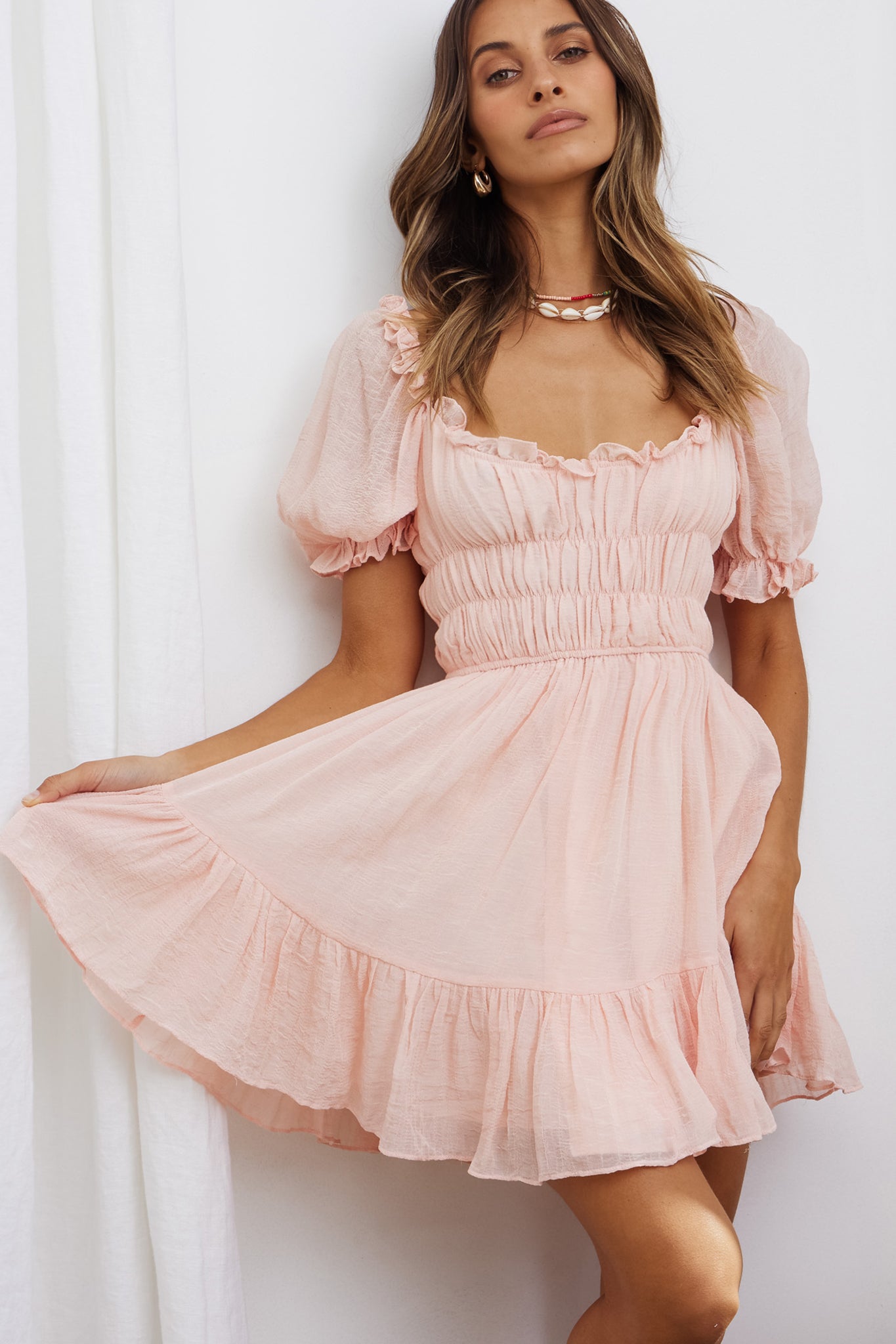 Romantics Shirred Bodice Puff Sleeve Mini Dress Blush– Selfie Leslie