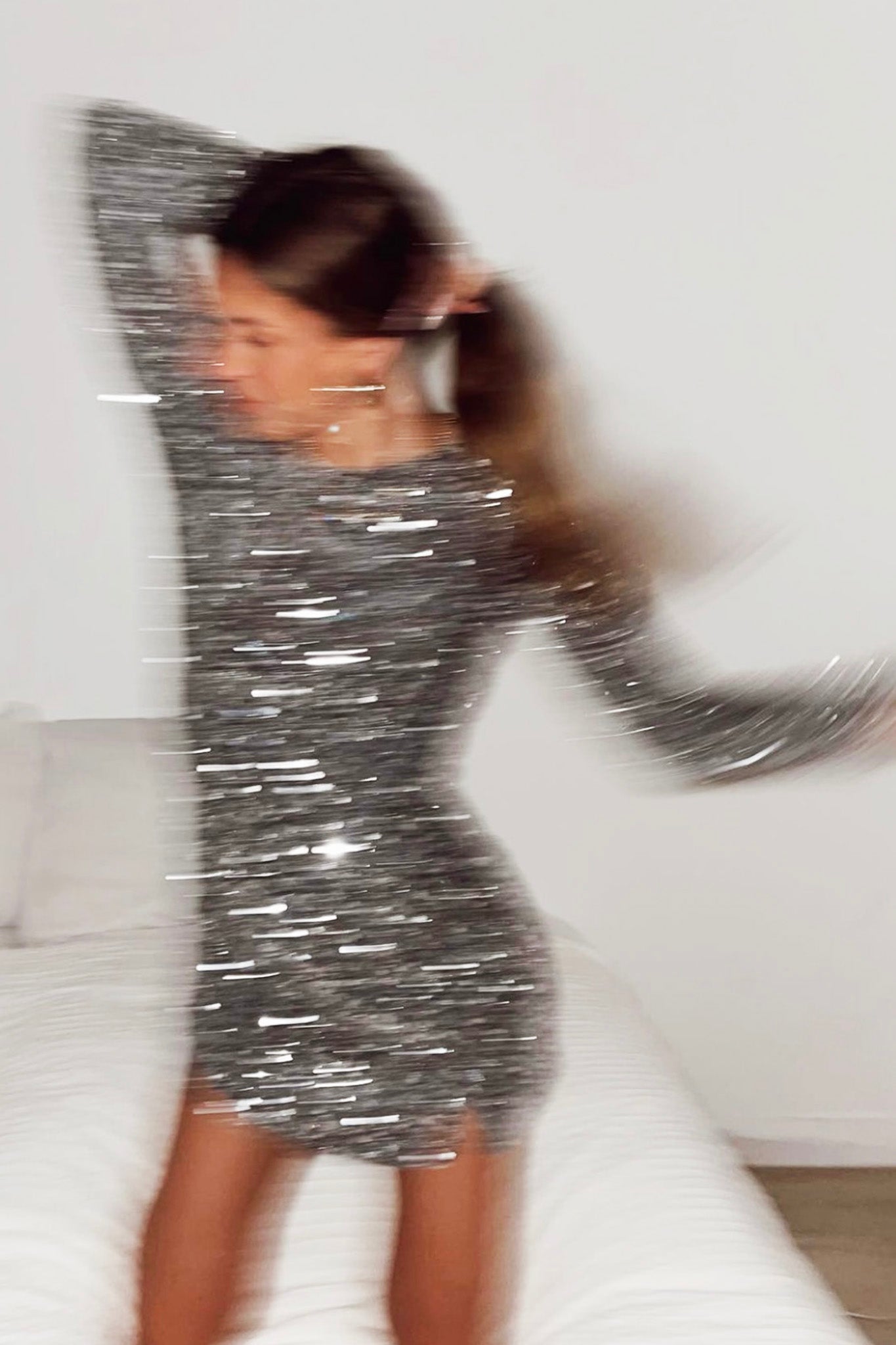 Demure Long Sleeve Open Back Dress Sequin Grey/Silver by Selfie Leslie