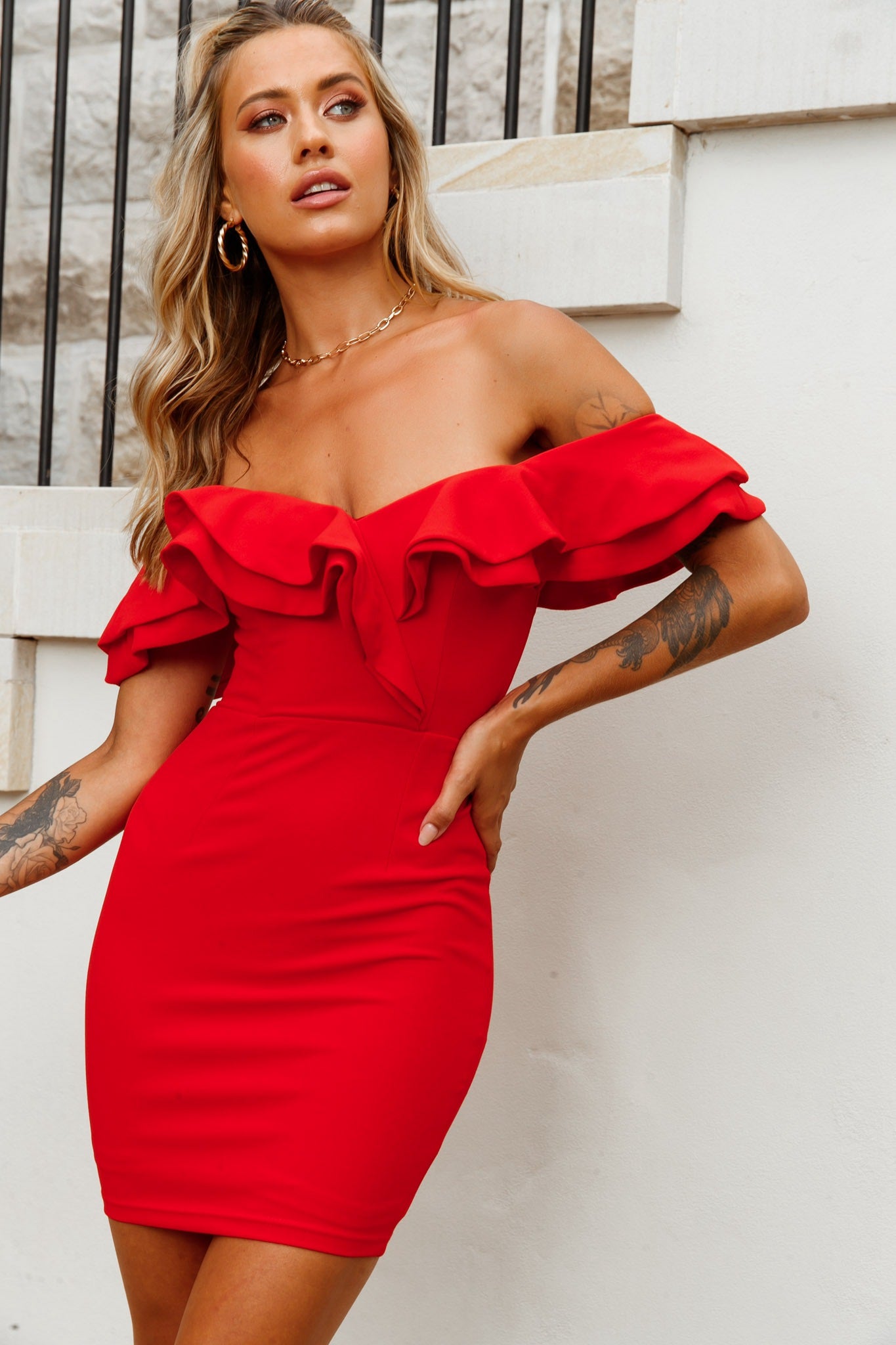 Rossi Off-Shoulder Double Ruffle Dress Red Selfie Leslie Rossi Off-Shoulder Double Ruffle Dress Red Selfie Leslie