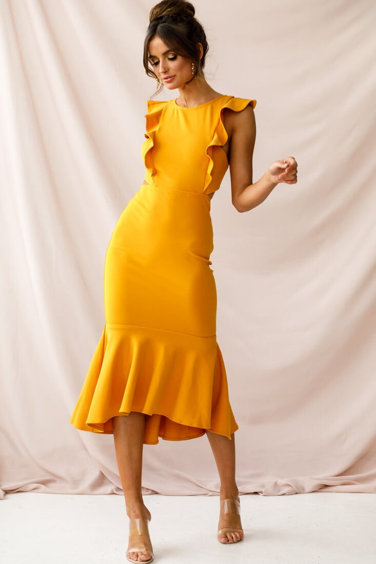 Jackie Wide Ruffle Hem Pinafore Midi Dress Mustard | Selfie Leslie Jackie Wide Ruffle Hem Pinafore Midi Dress Mustard | Selfie Leslie