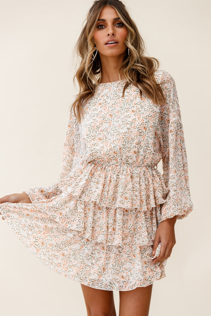 Odessa Long Sleeve Layered Ruffle Dress Floral Print Nude Selfie Leslie