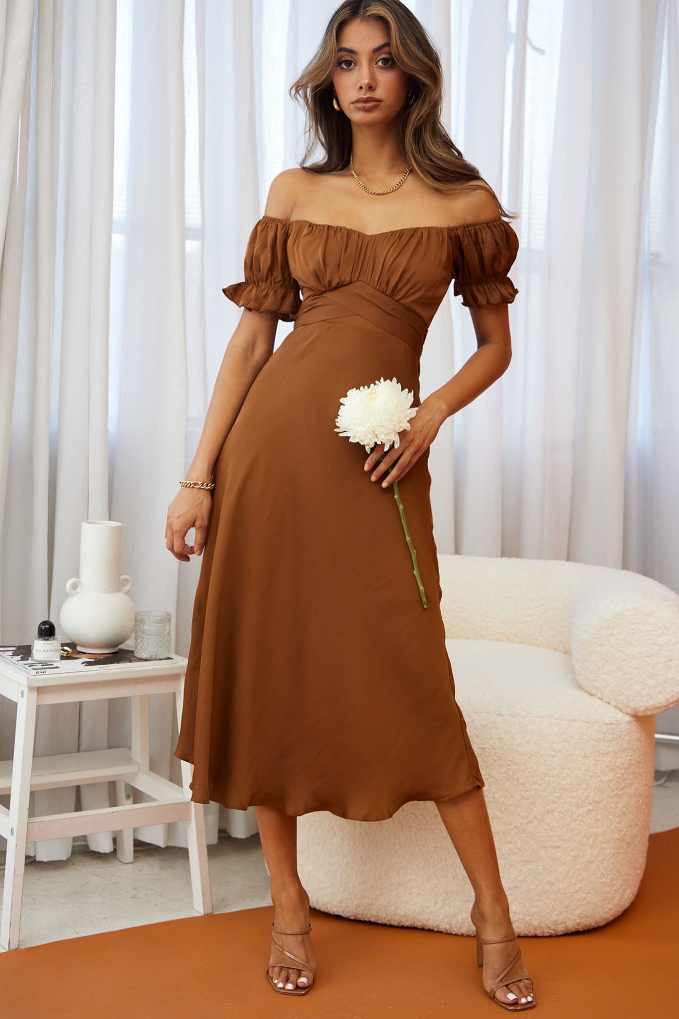 Linka Off-Shoulder Tie Back Midi Dress Chocolate Selfie Leslie