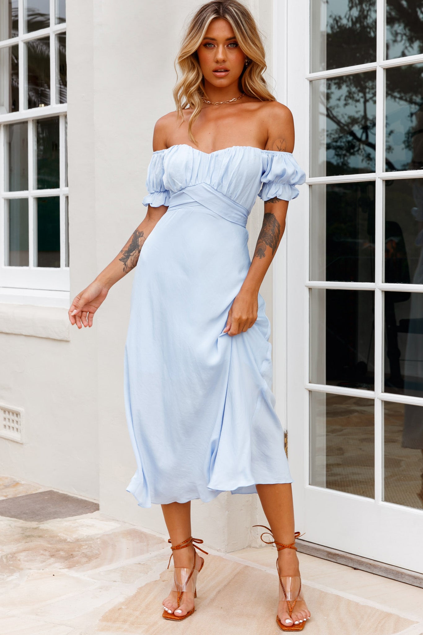 Linka Off-Shoulder Tie Back Midi Dress Steel Blue Linka Off-Shoulder Tie Back Midi Dress Steel Blue