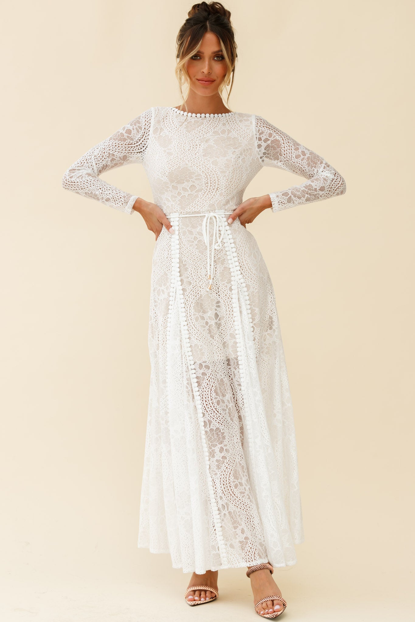 Palm Springs Long Sleeve Lace Overlay Maxi Dress White Palm Springs Long Sleeve Lace Overlay Maxi Dress White