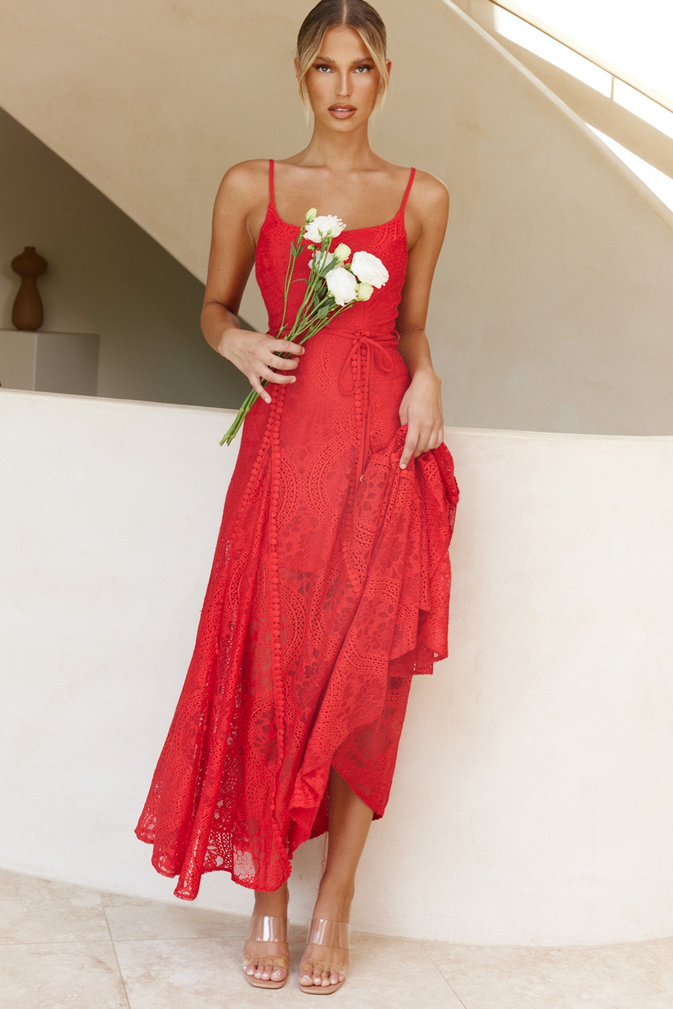Palm Springs Lace Overlay Maxi Dress Red– Selfie Leslie